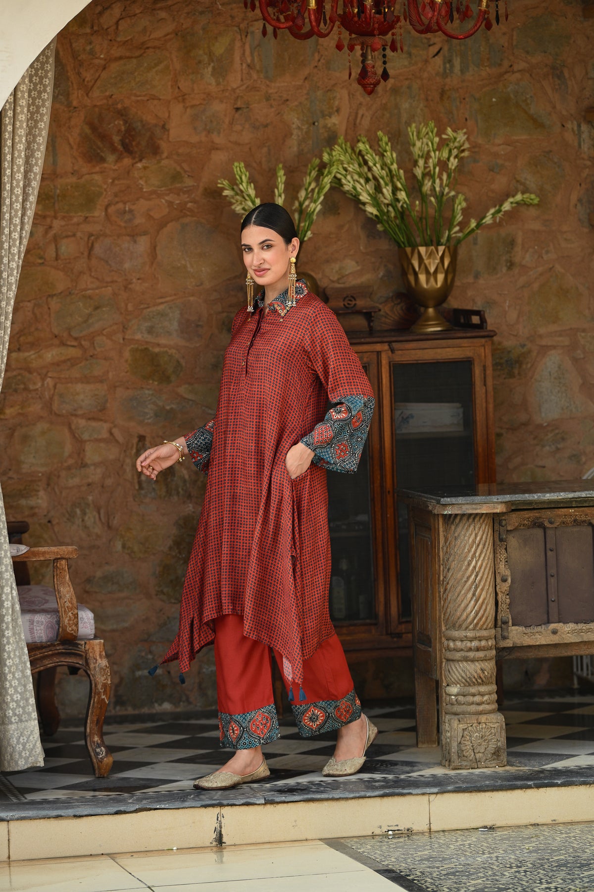 Red  Block Print Muslin A line Collared Kurta Set