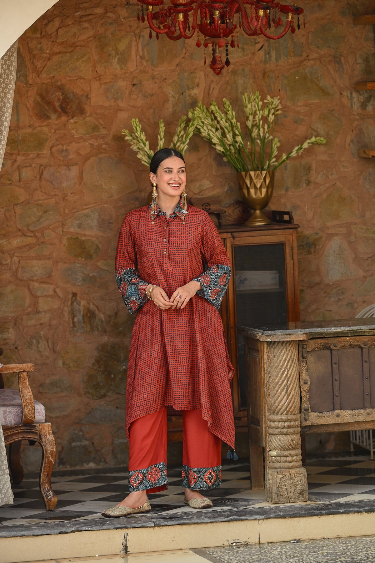 Red  Block Print Muslin A line Collared Kurta Set