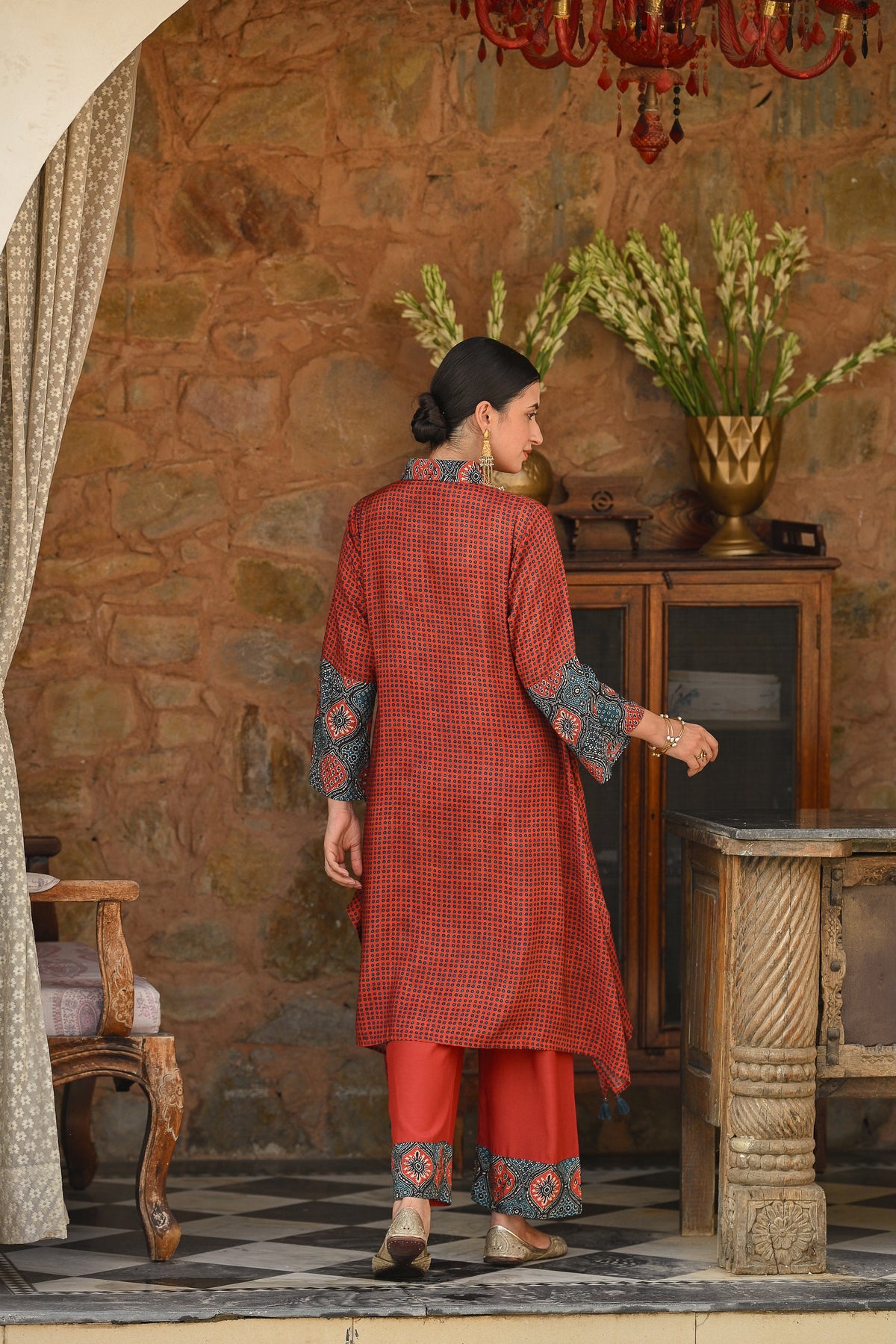 Red  Block Print Muslin A line Collared Kurta Set