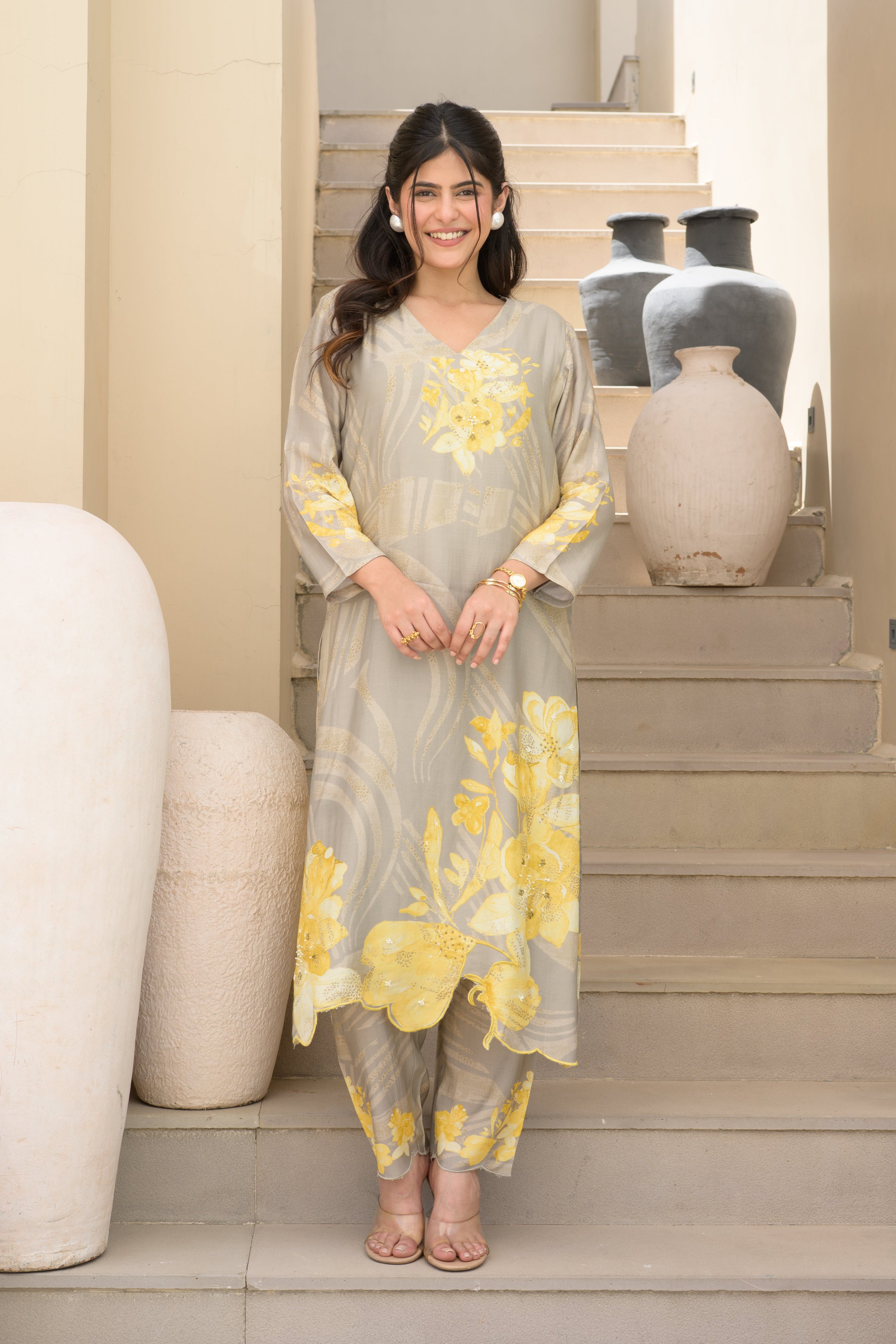Grey and Yellow Cut Work Scallope Muslin Kurta with Yellow Organza Border Embroidered Scallope Pant Set