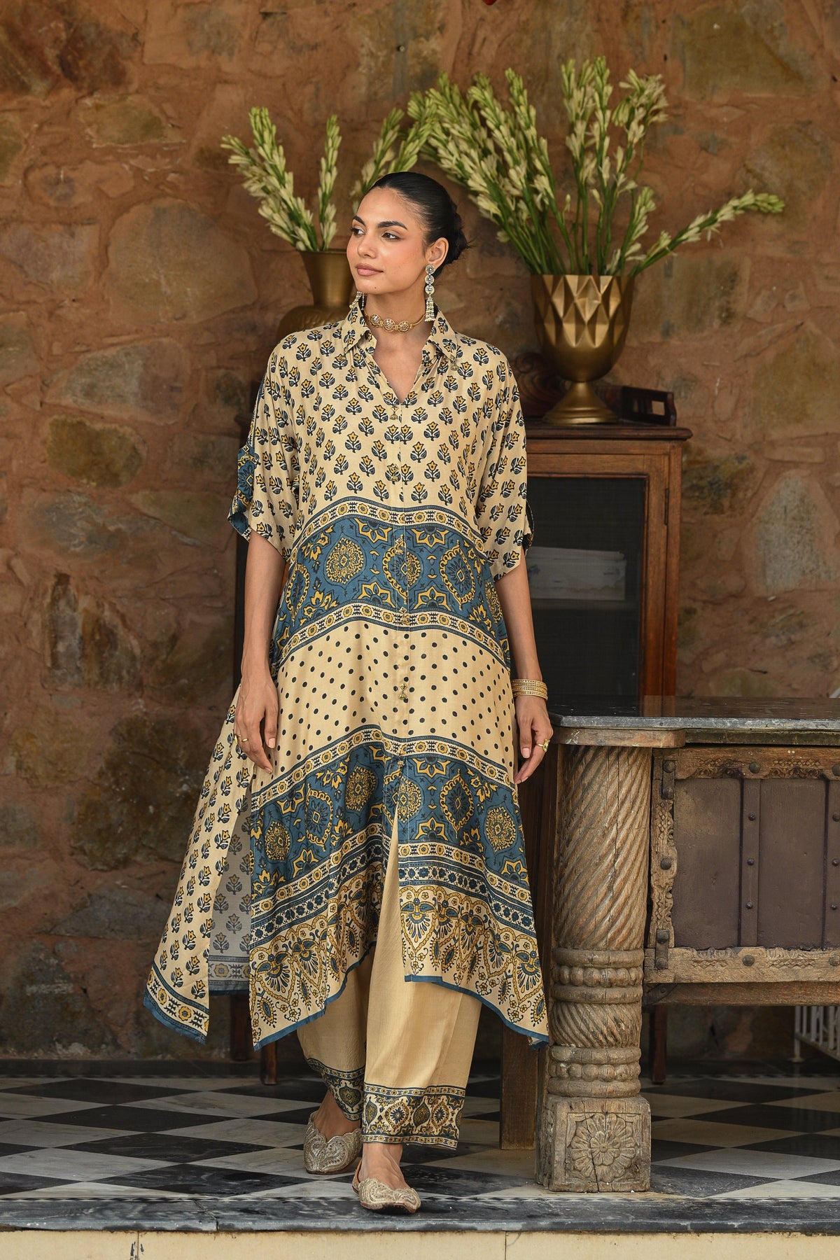Beige and blue block and Ajrakh Print Kaftan Kurta Set