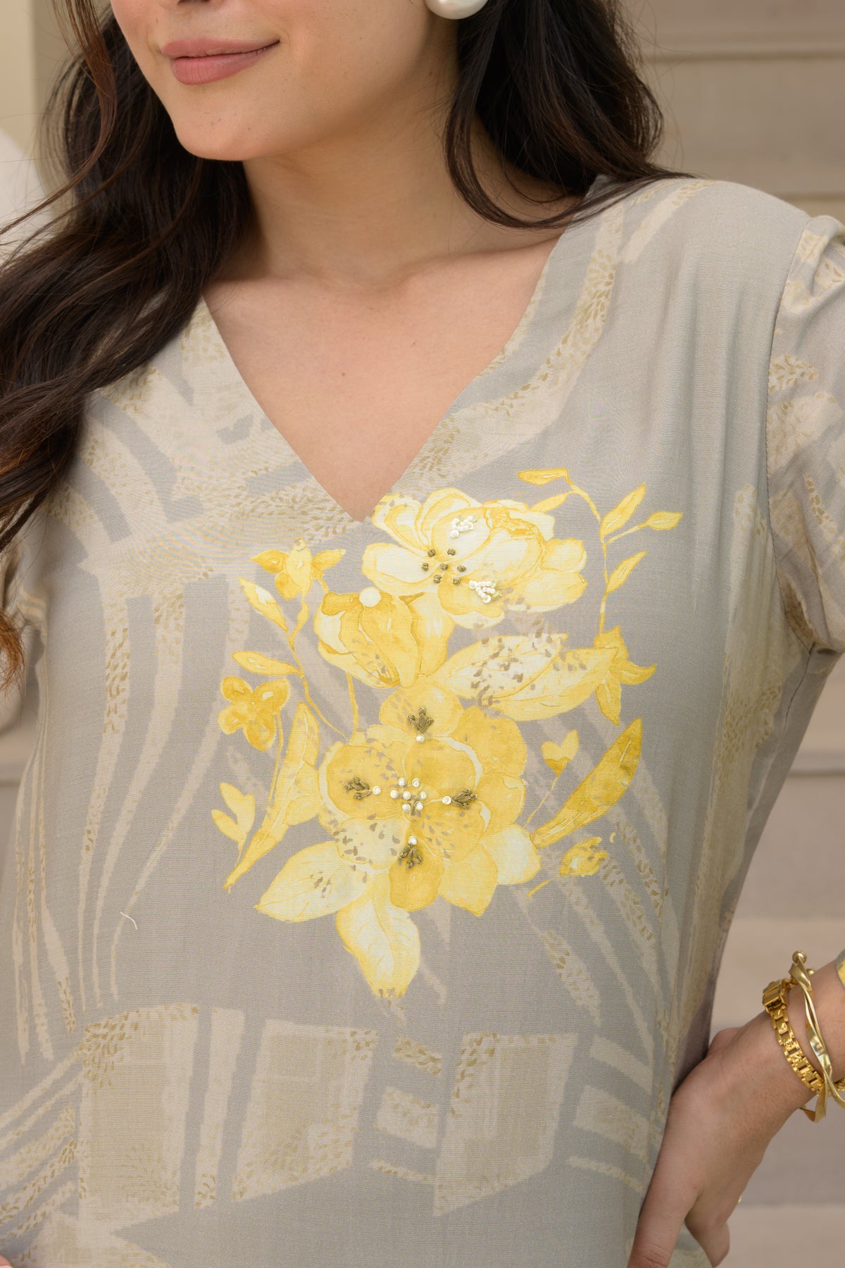Grey and Yellow Cut Work Scallope Muslin Kurta with Yellow Organza Border Embroidered Scallope Pant Set