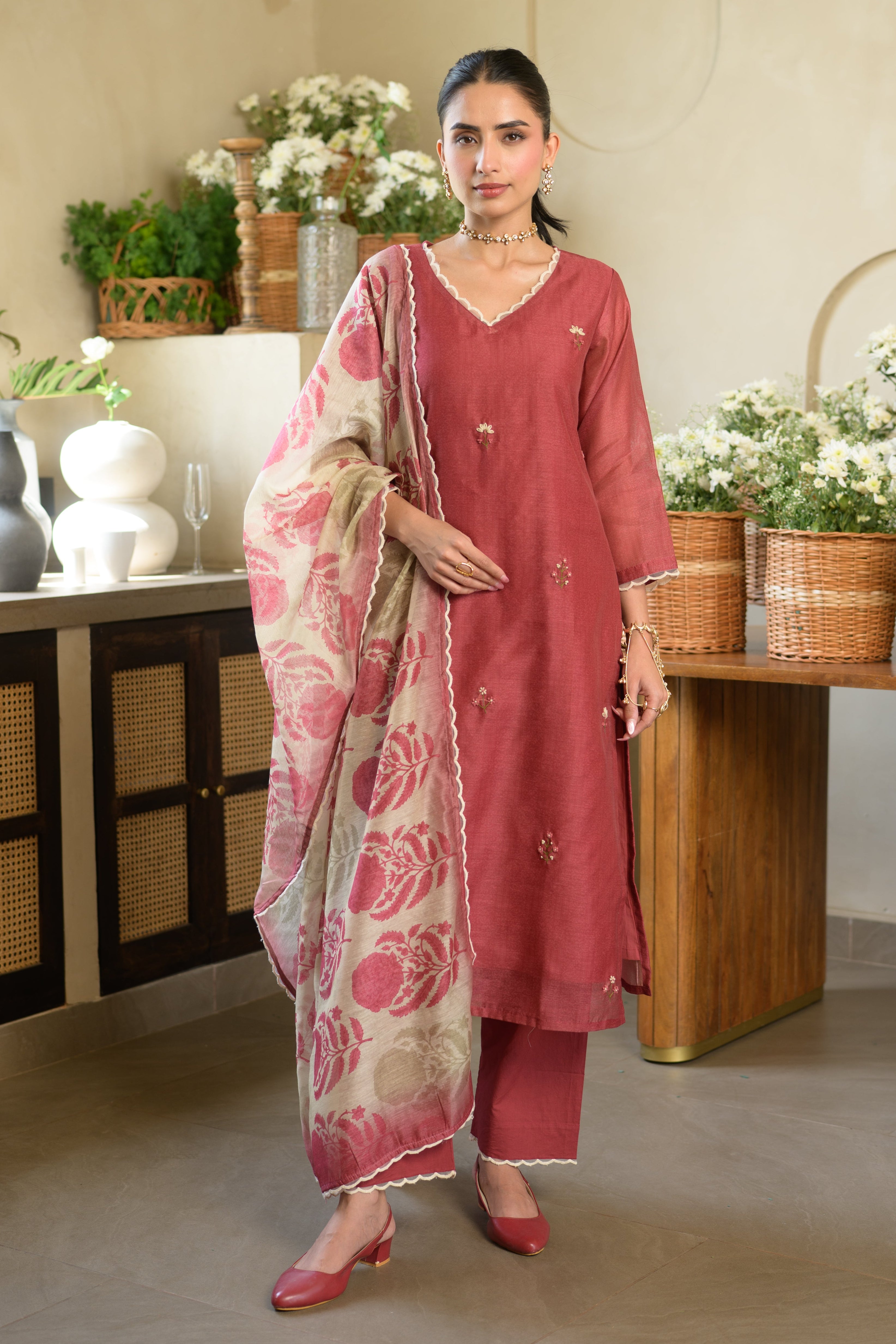 Rustic Maroon Thread Work Chanderi Suit with Organza Scallope Border and  Mughal Block print Dupatta