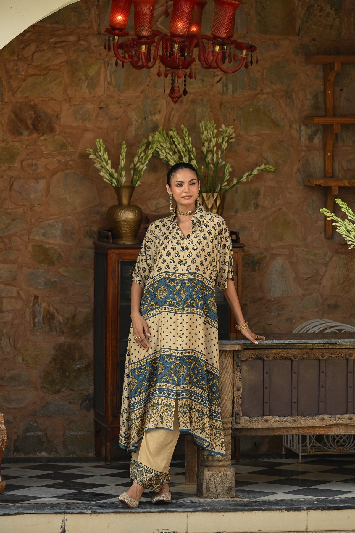 Beige and blue block and Ajrakh Print Kaftan Kurta Set