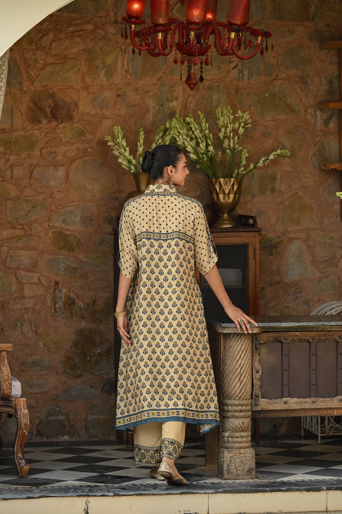 Beige and blue block and Ajrakh Print Kaftan Kurta Set