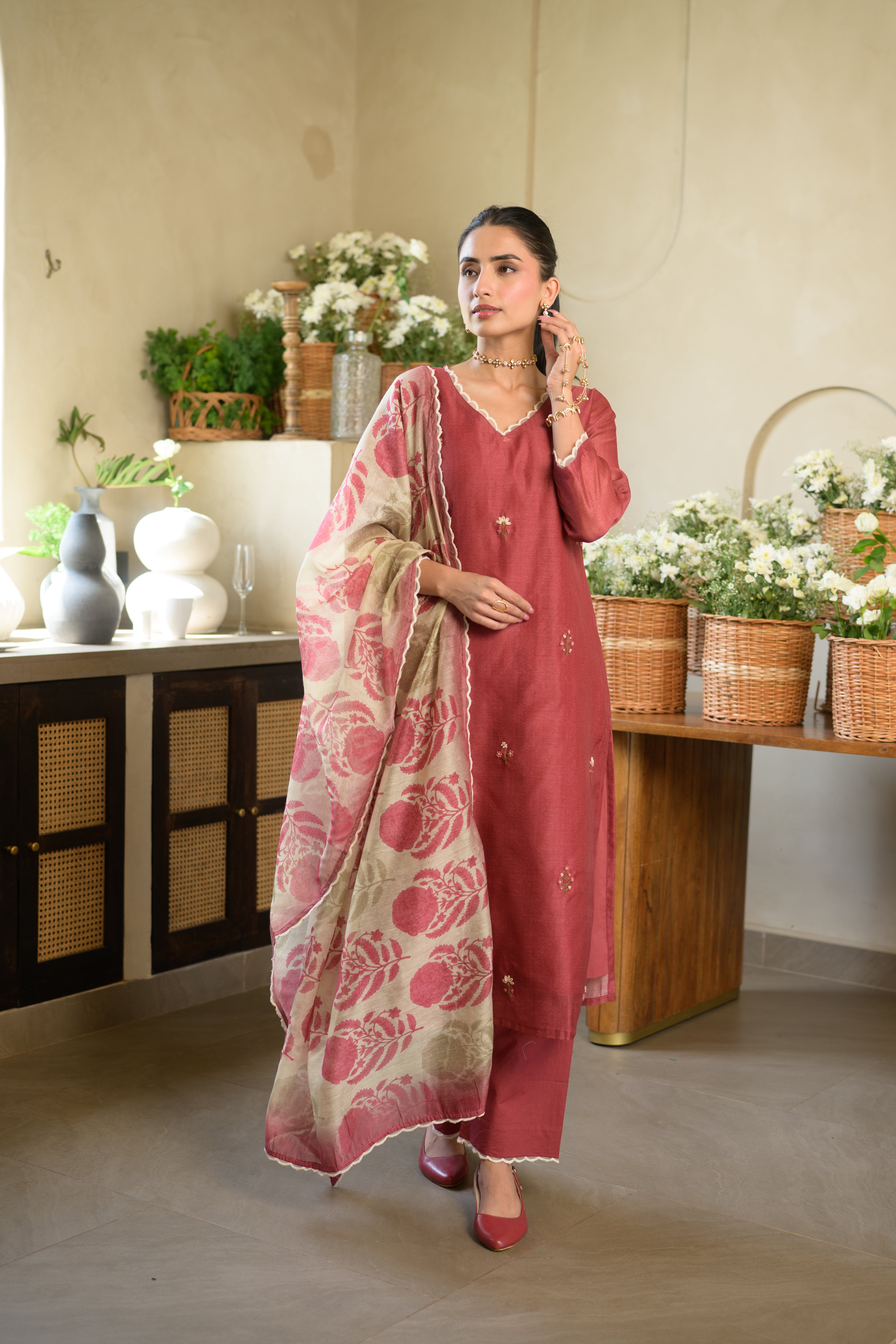 Rustic Maroon Thread Work Chanderi Suit with Organza Scallope Border and  Mughal Block print Dupatta
