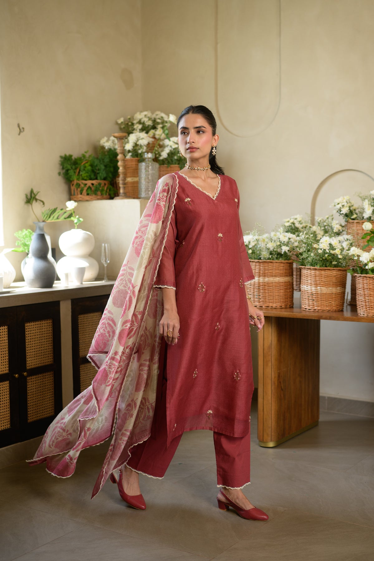 Rustic Maroon Thread Work Chanderi Suit with Organza Scallope Border and  Mughal Block print Dupatta