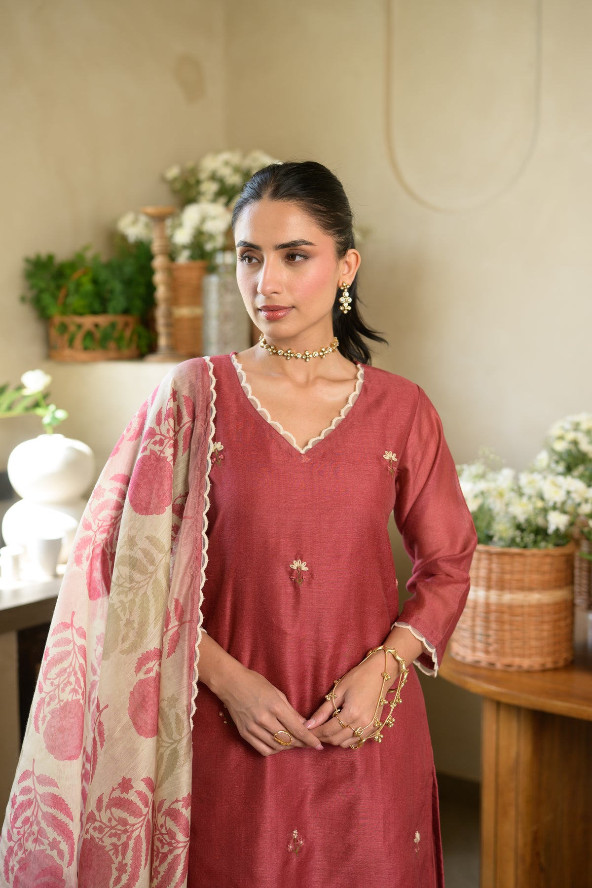 Rustic Maroon Thread Work Chanderi Suit with Organza Scallope Border and  Mughal Block print Dupatta