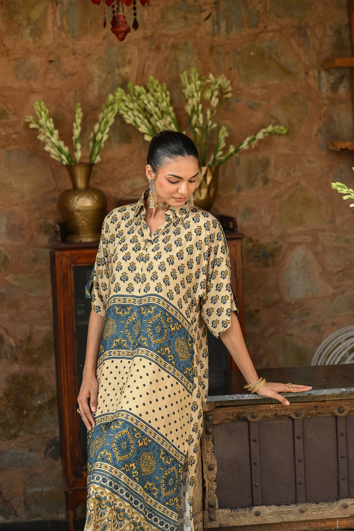 Beige and blue block and Ajrakh Print Kaftan Kurta Set