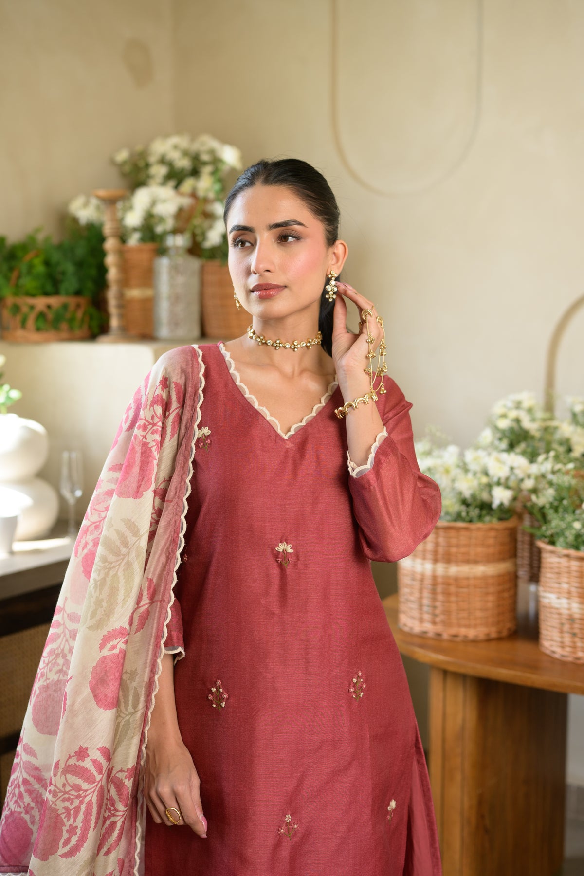 Rustic Maroon Thread Work Chanderi Suit with Organza Scallope Border and  Mughal Block print Dupatta