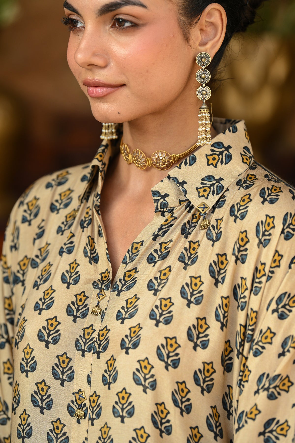 Beige and blue block and Ajrakh Print Kaftan Kurta Set