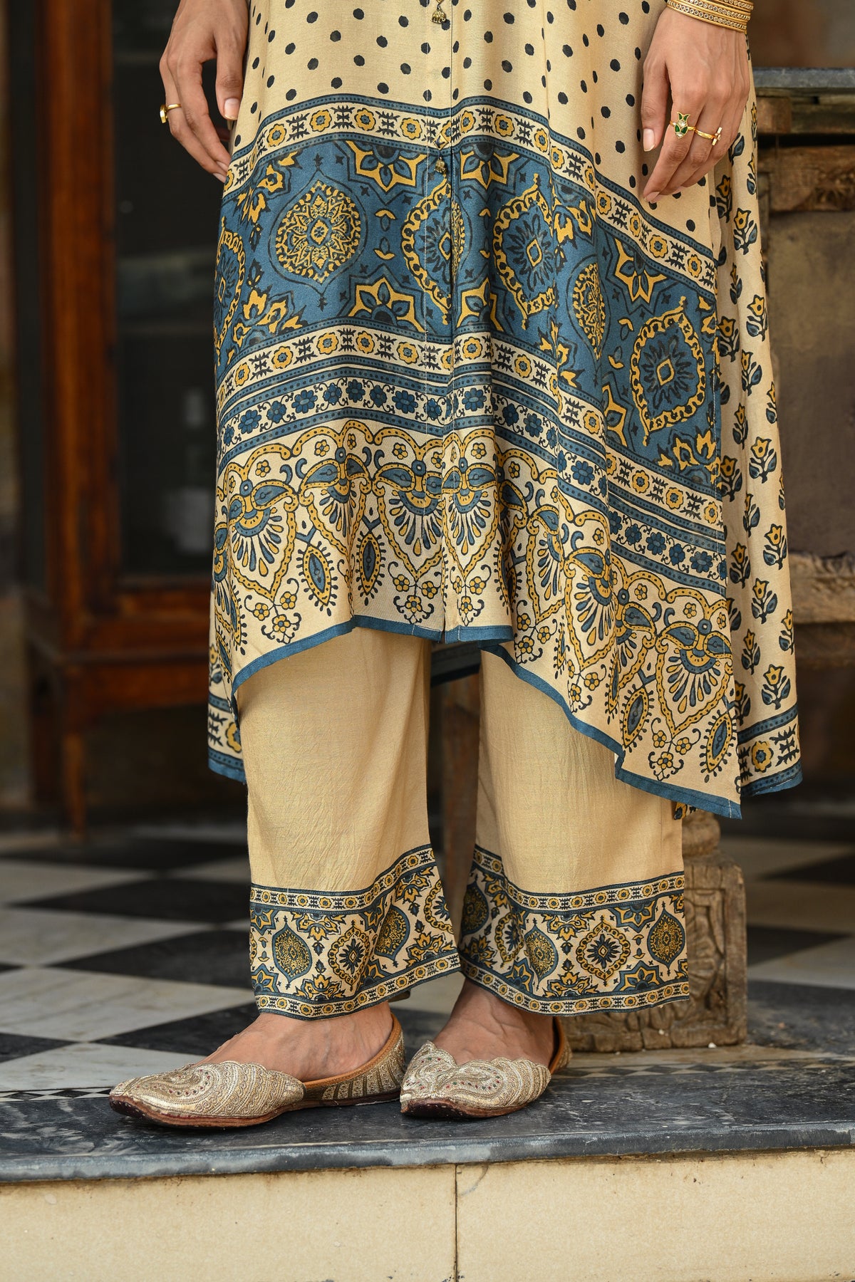 Beige and blue block and Ajrakh Print Kaftan Kurta Set