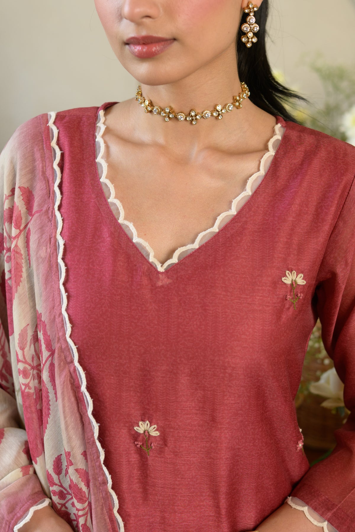 Rustic Maroon Thread Work Chanderi Suit with Organza Scallope Border and  Mughal Block print Dupatta