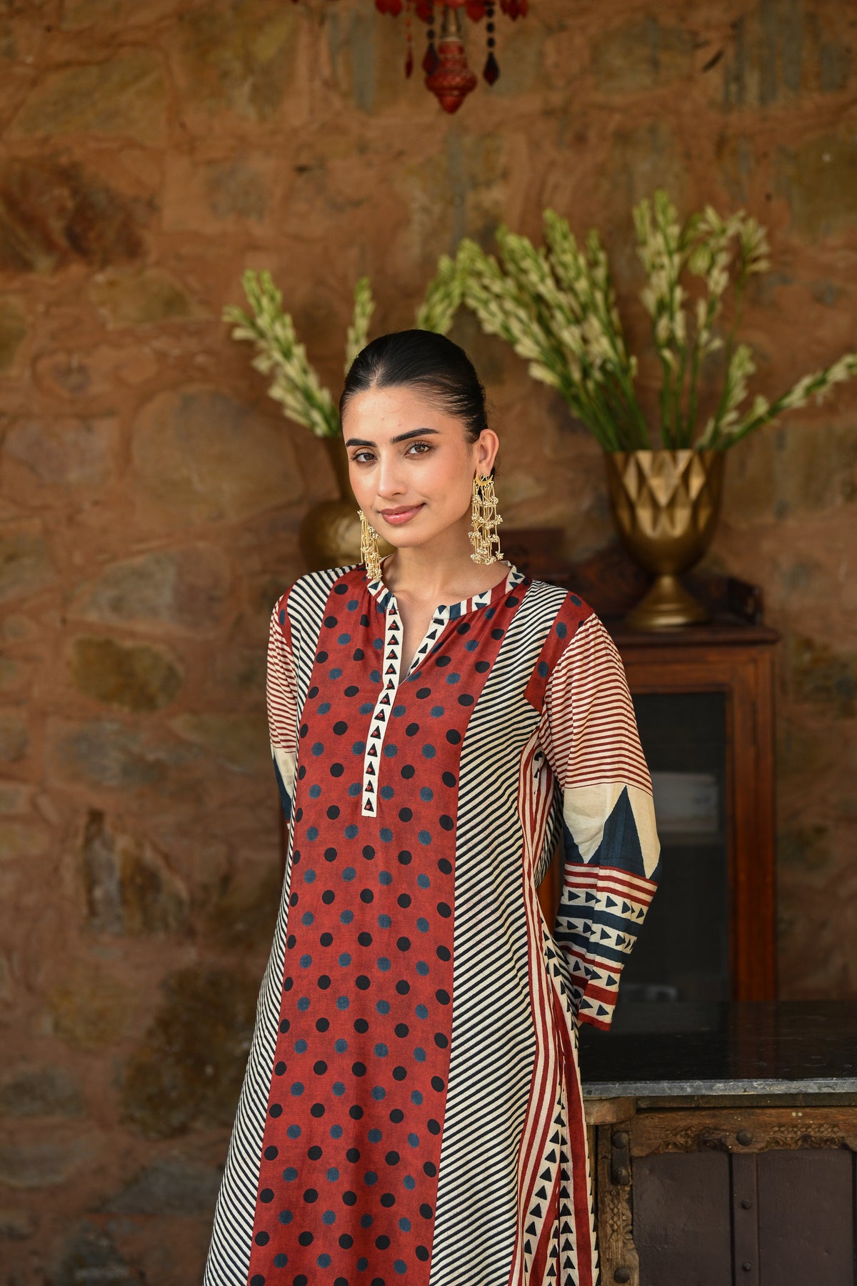 Red And Blue Polka Dot with Stripes and Block Print Muslin Kurta Set