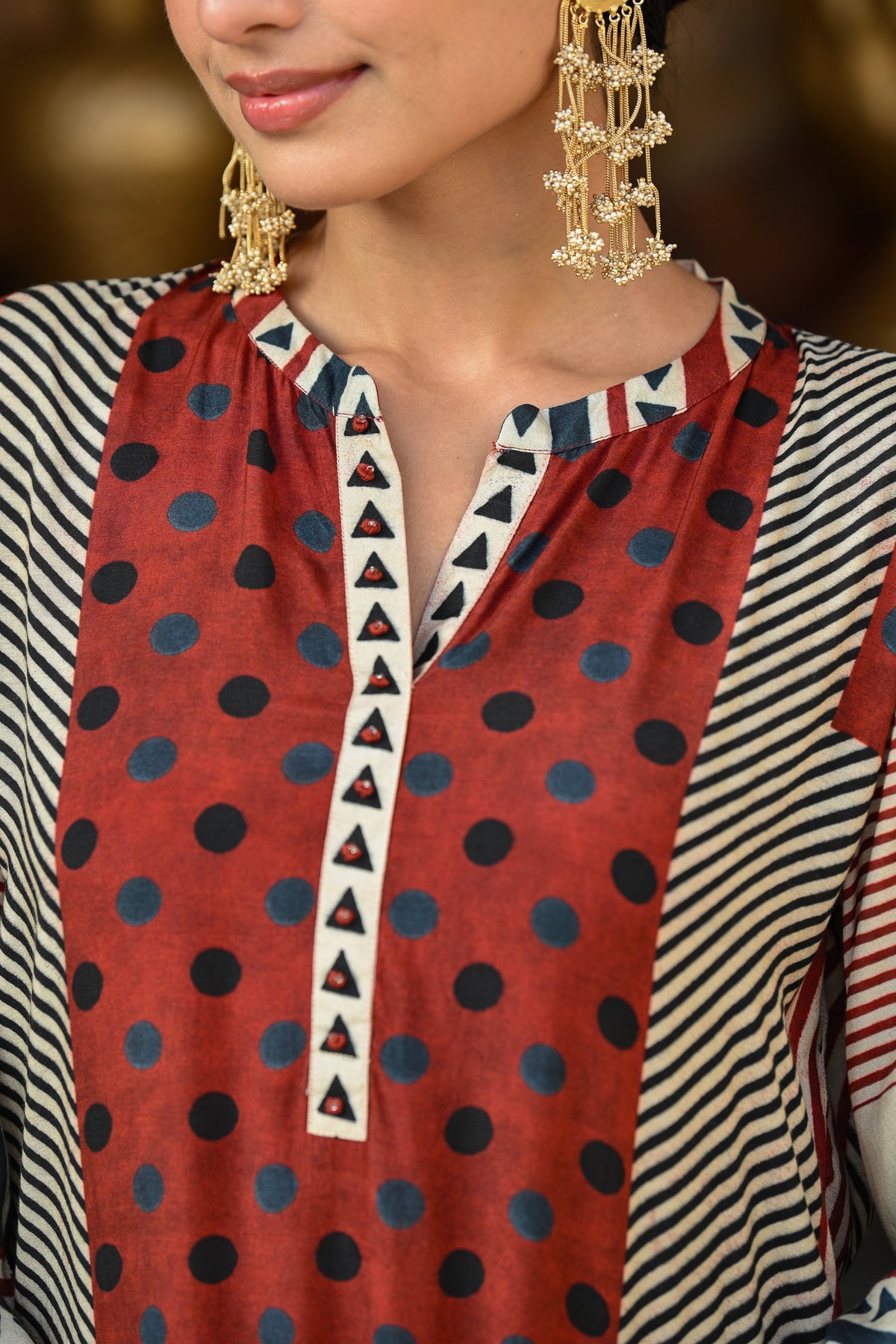 Red And Blue Polka Dot with Stripes and Block Print Muslin Kurta Set