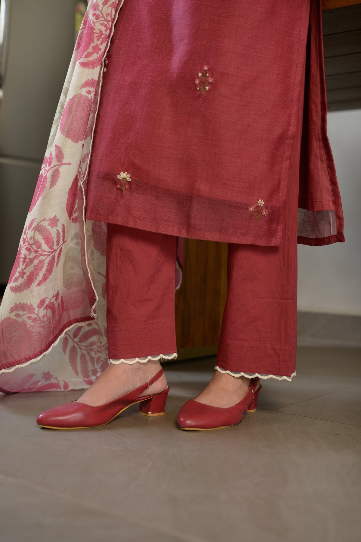 Rustic Maroon Thread Work Chanderi Suit with Organza Scallope Border and  Mughal Block print Dupatta