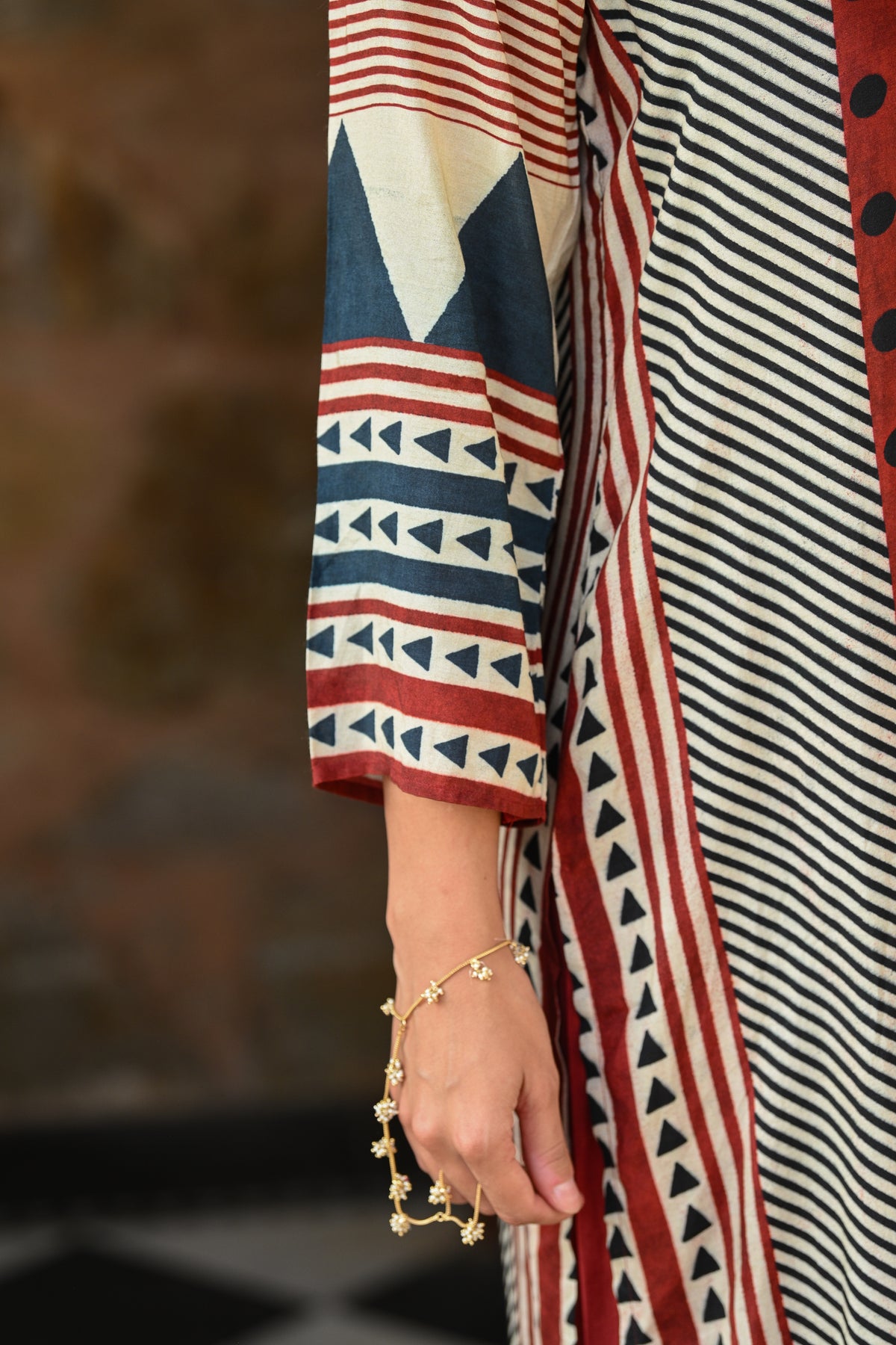 Red And Blue Polka Dot with Stripes and Block Print Muslin Kurta Set