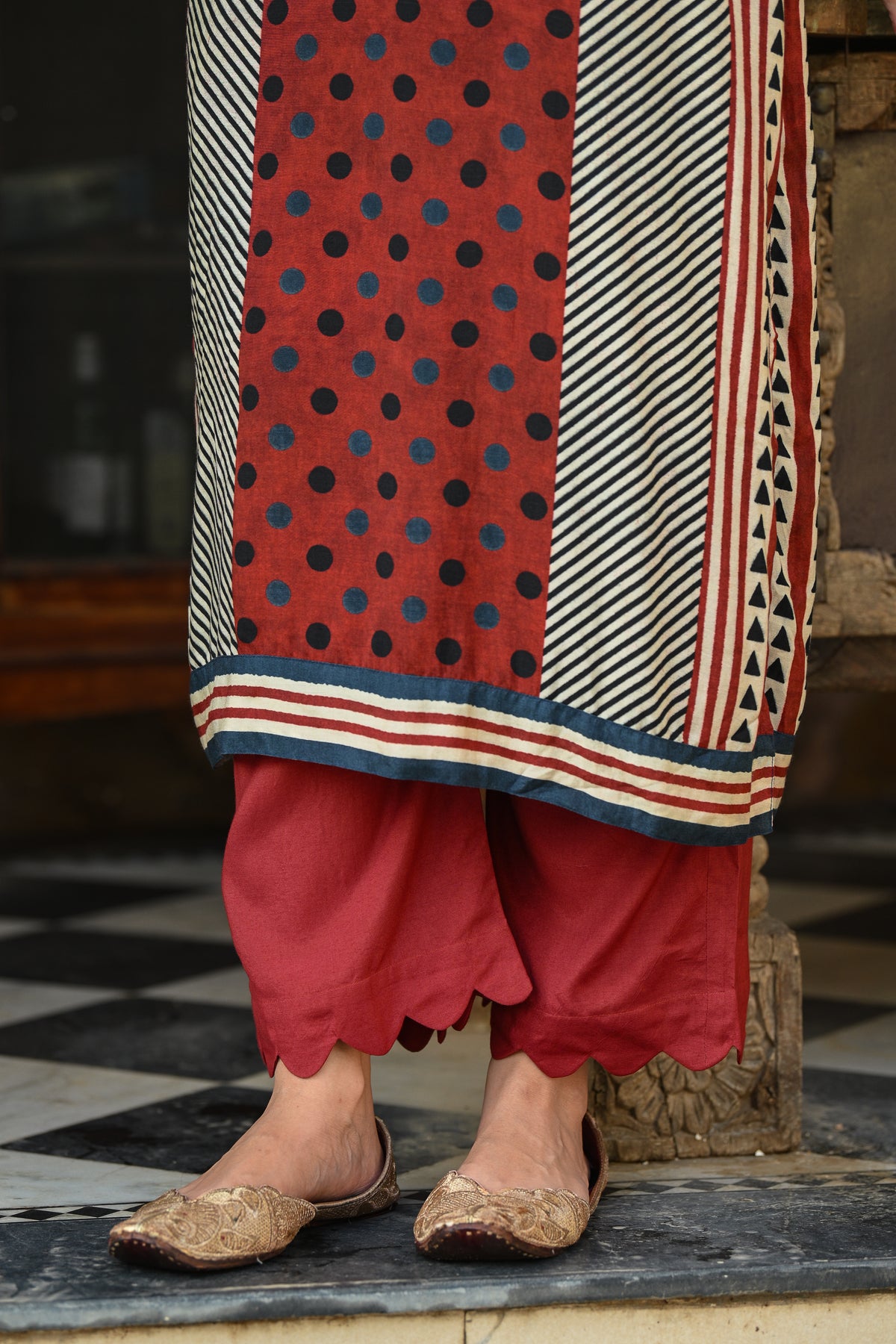 Red And Blue Polka Dot with Stripes and Block Print Muslin Kurta Set