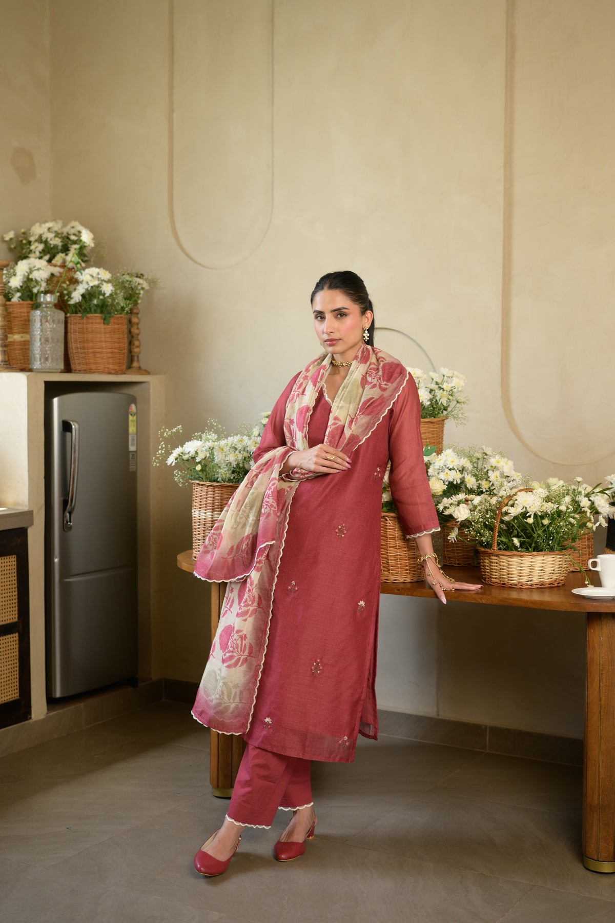 Rustic Maroon Thread Work Chanderi Suit with Organza Scallope Border and  Mughal Block print Dupatta