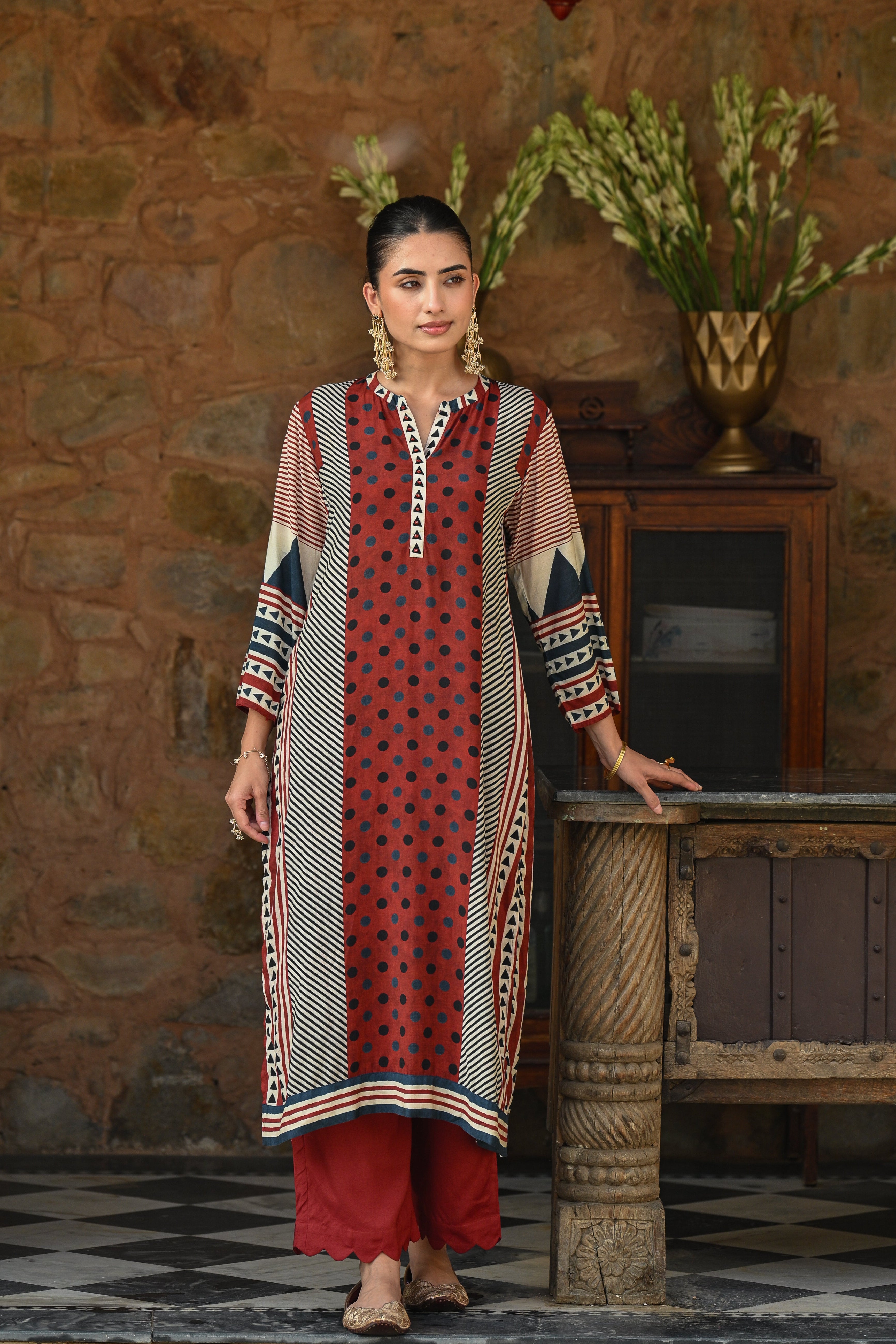 Red And Blue Polka Dot with Stripes and Block Print Muslin Kurta Set