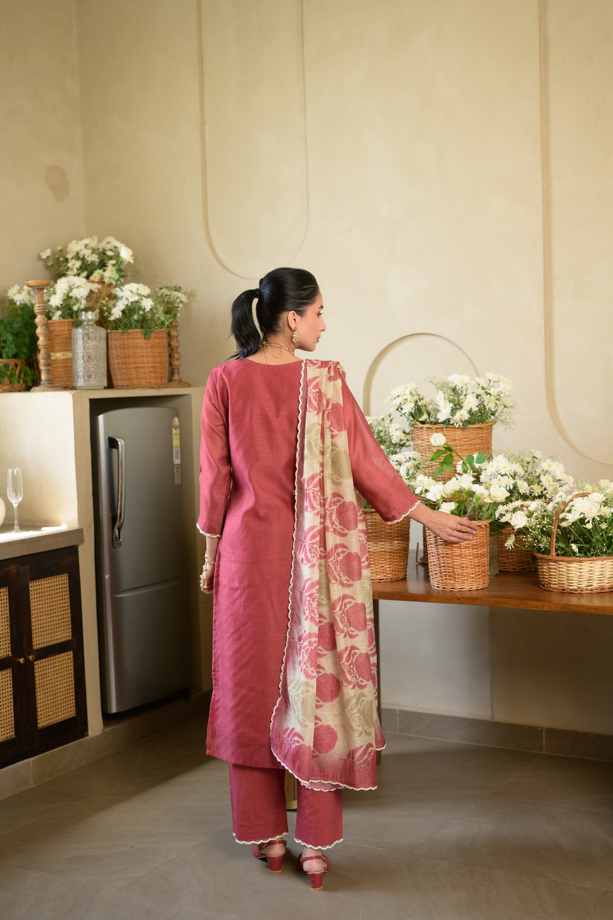 Rustic Maroon Thread Work Chanderi Suit with Organza Scallope Border and  Mughal Block print Dupatta