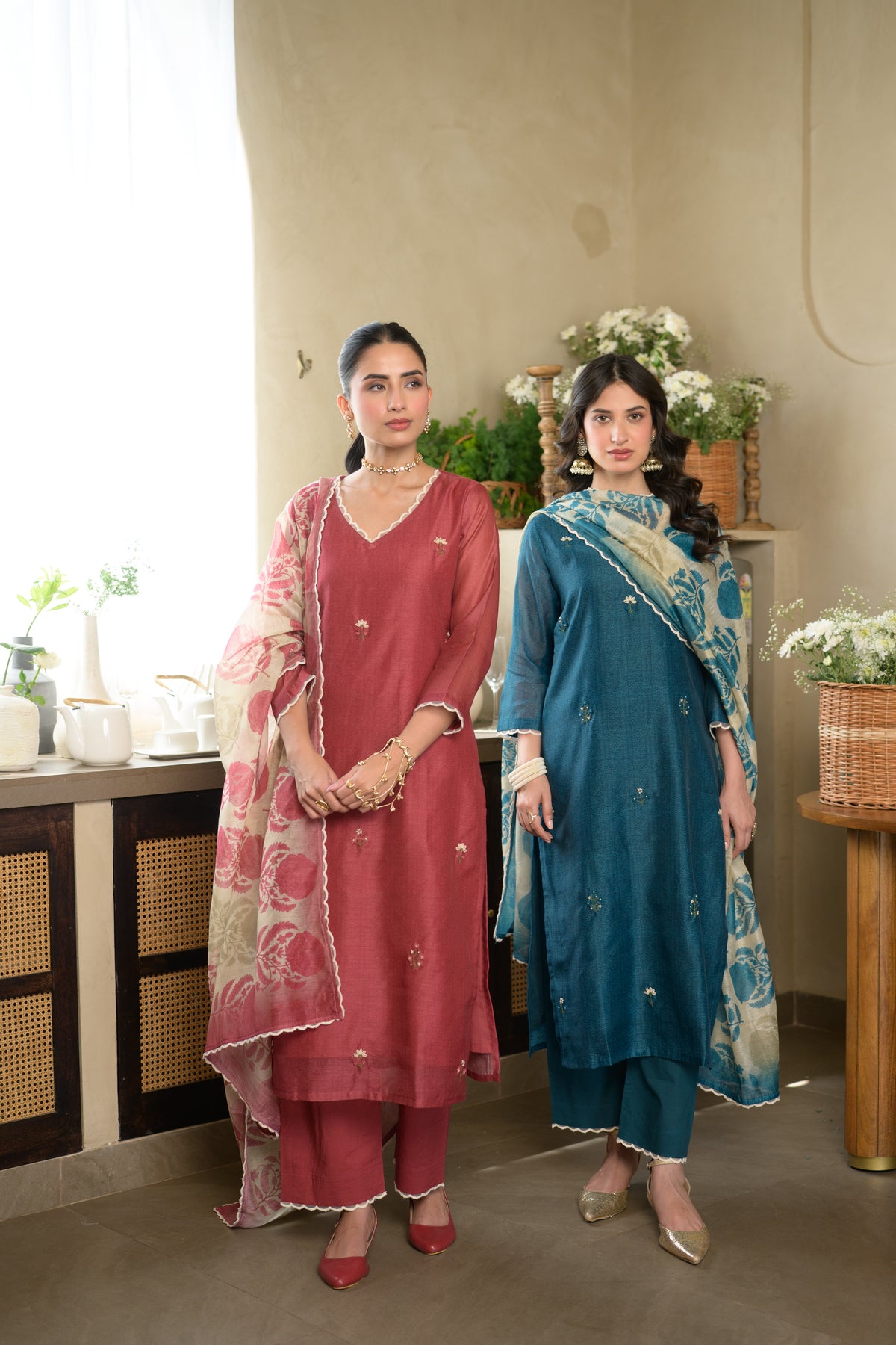 Rustic Maroon Thread Work Chanderi Suit with Organza Scallope Border and  Mughal Block print Dupatta