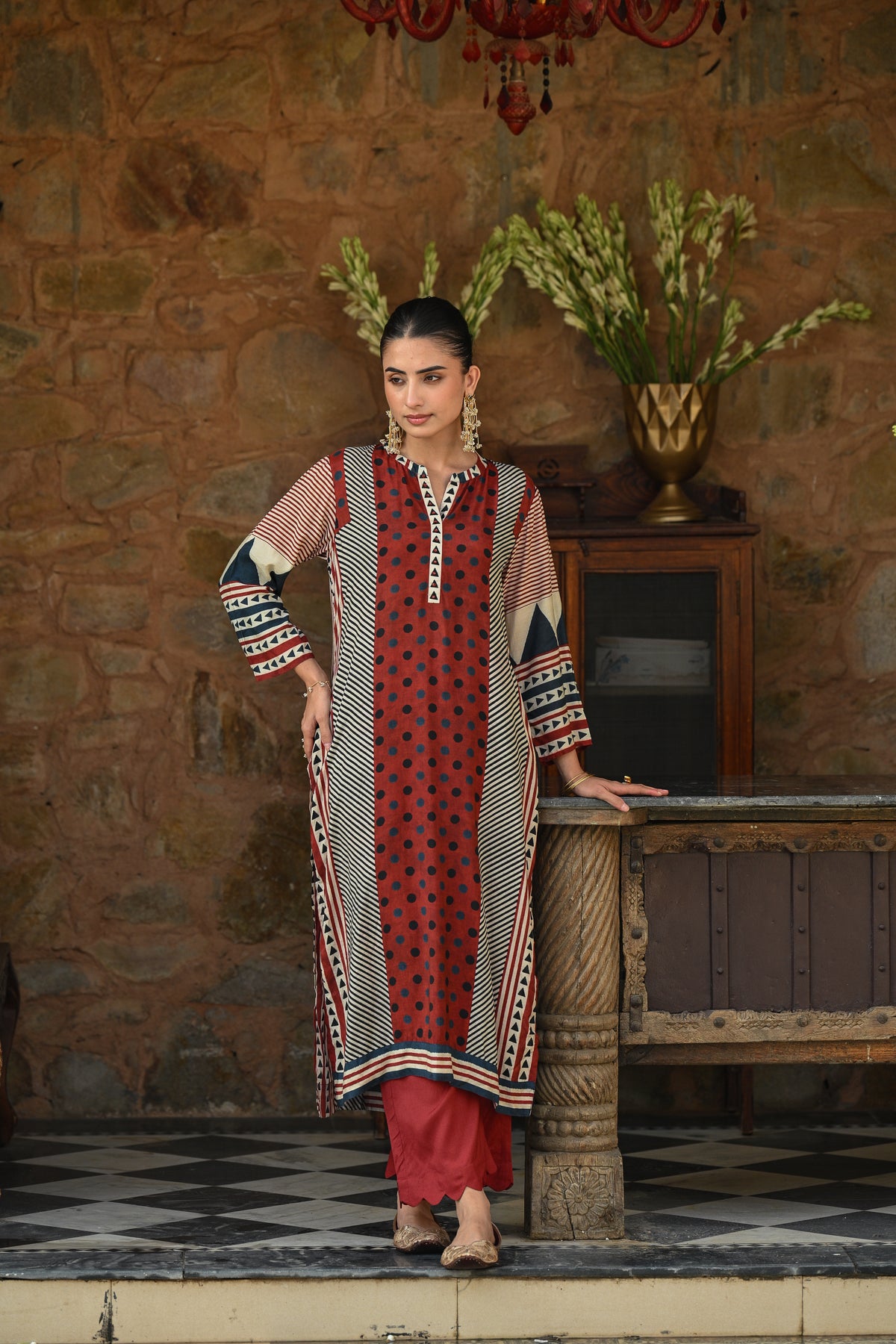 Red And Blue Polka Dot with Stripes and Block Print Muslin Kurta Set