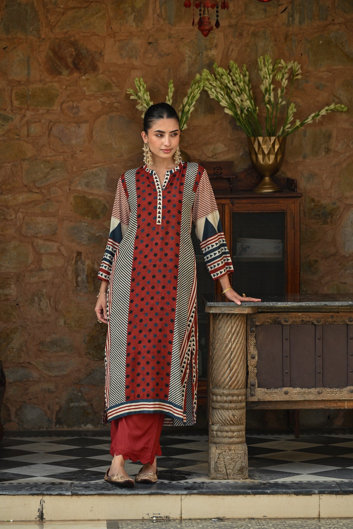 Red And Blue Polka Dot with Stripes and Block Print Muslin Kurta Set
