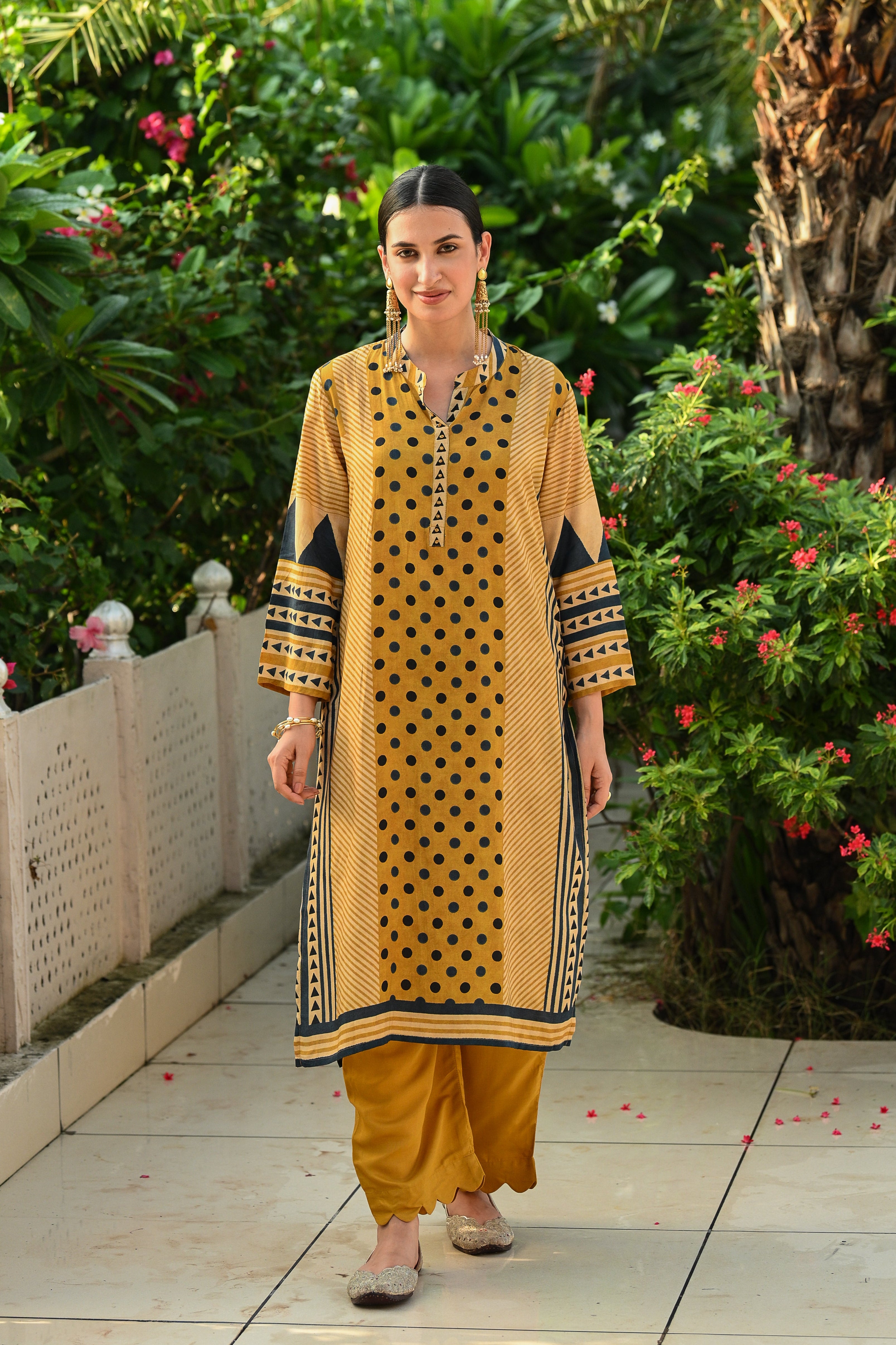 Mustard And Blue Polka Dot with Stripes and Block Print Muslin Kurta Set
