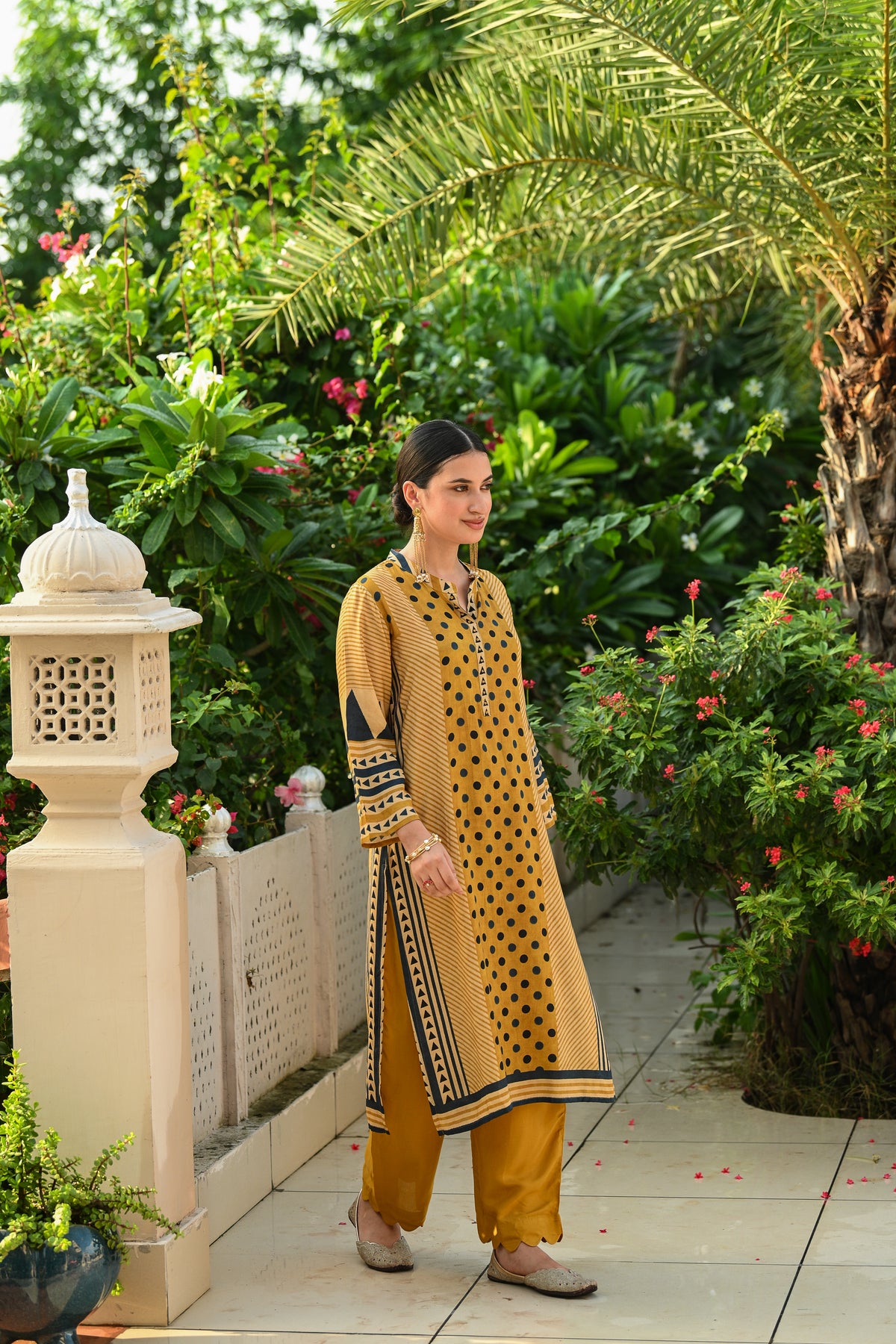 Mustard And Blue Polka Dot with Stripes and Block Print Muslin Kurta Set