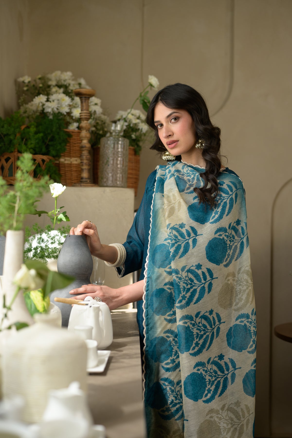 Teal Blue Thread Work Chanderi Suit with Organza Scallope Border and  Mughal Block print Dupatta