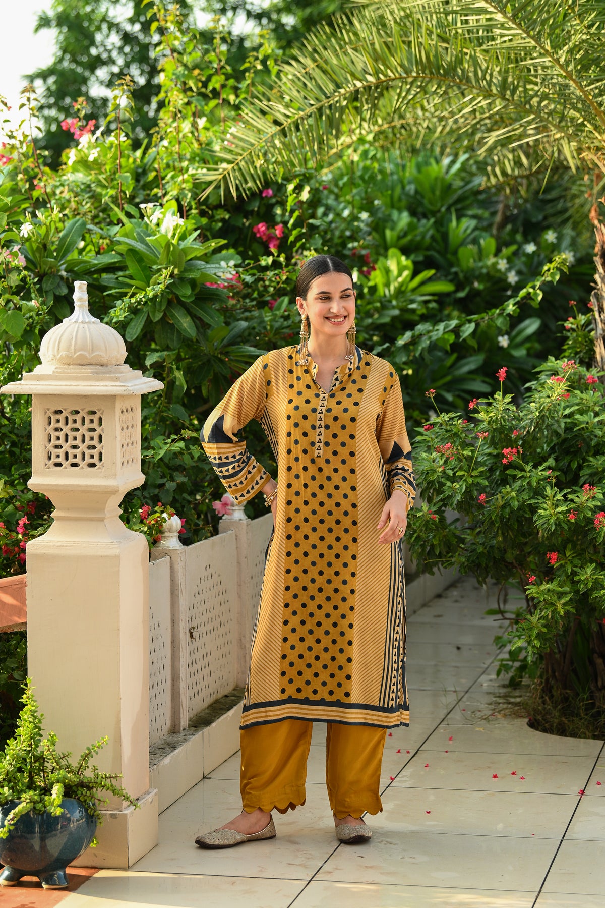 Mustard And Blue Polka Dot with Stripes and Block Print Muslin Kurta Set
