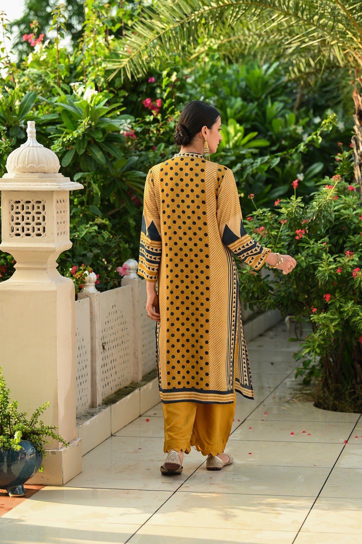 Mustard And Blue Polka Dot with Stripes and Block Print Muslin Kurta Set
