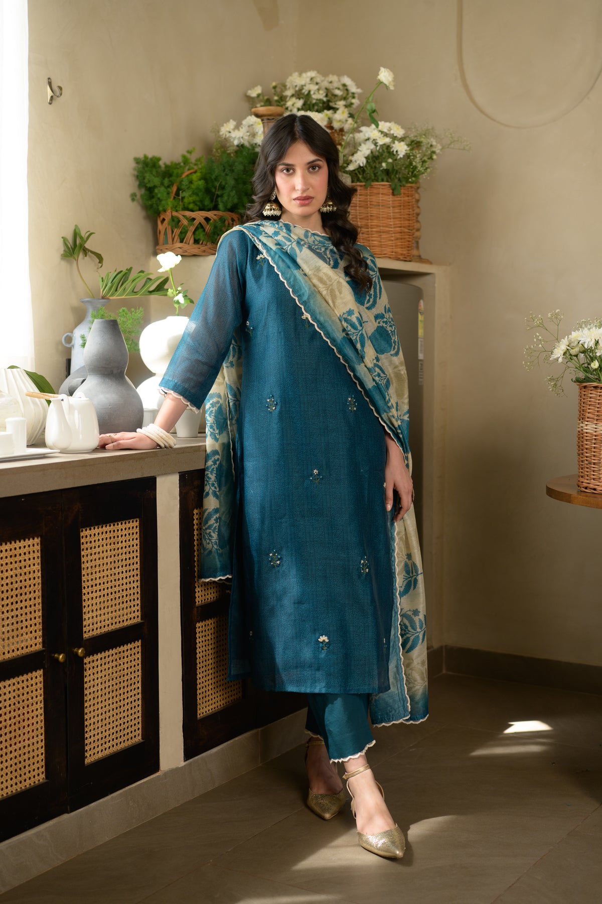 Teal Blue Thread Work Chanderi Suit with Organza Scallope Border and  Mughal Block print Dupatta