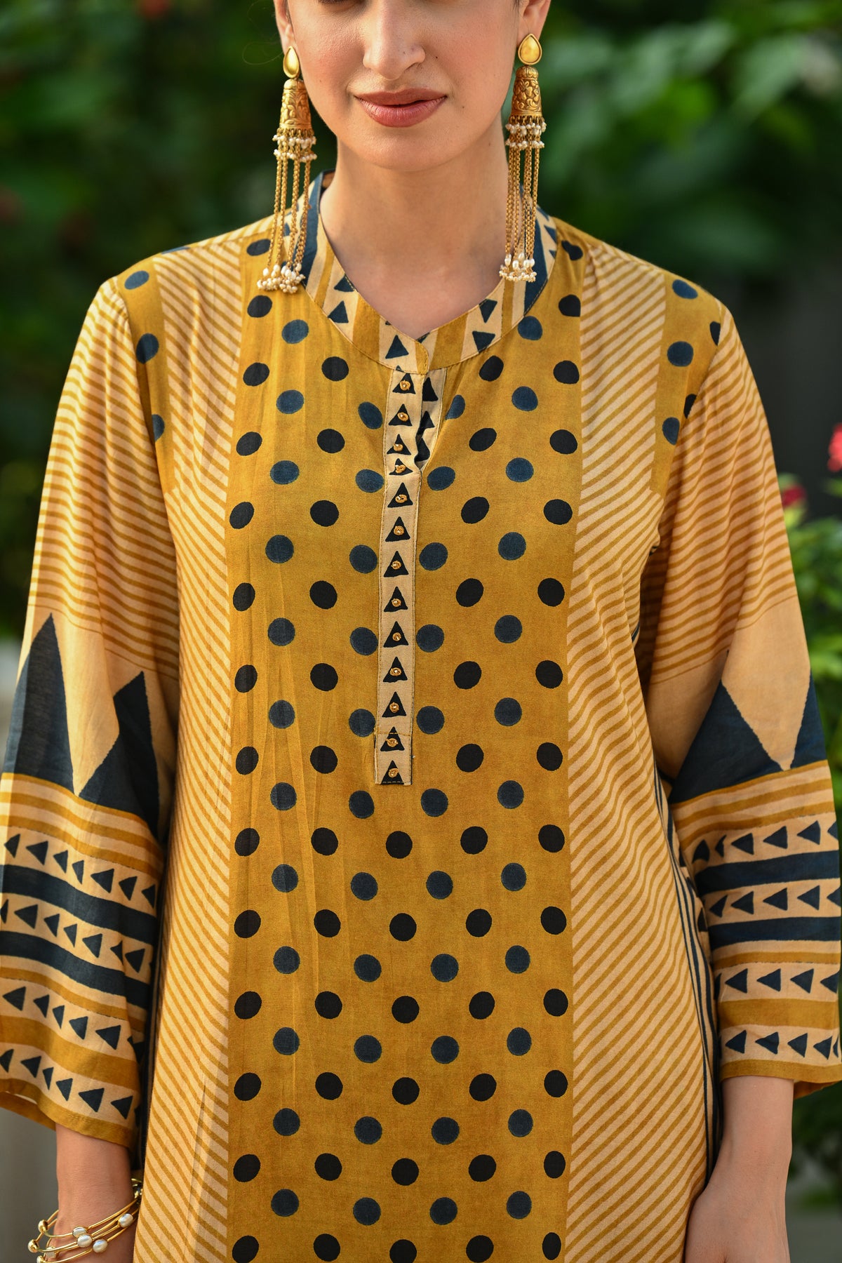 Mustard And Blue Polka Dot with Stripes and Block Print Muslin Kurta Set