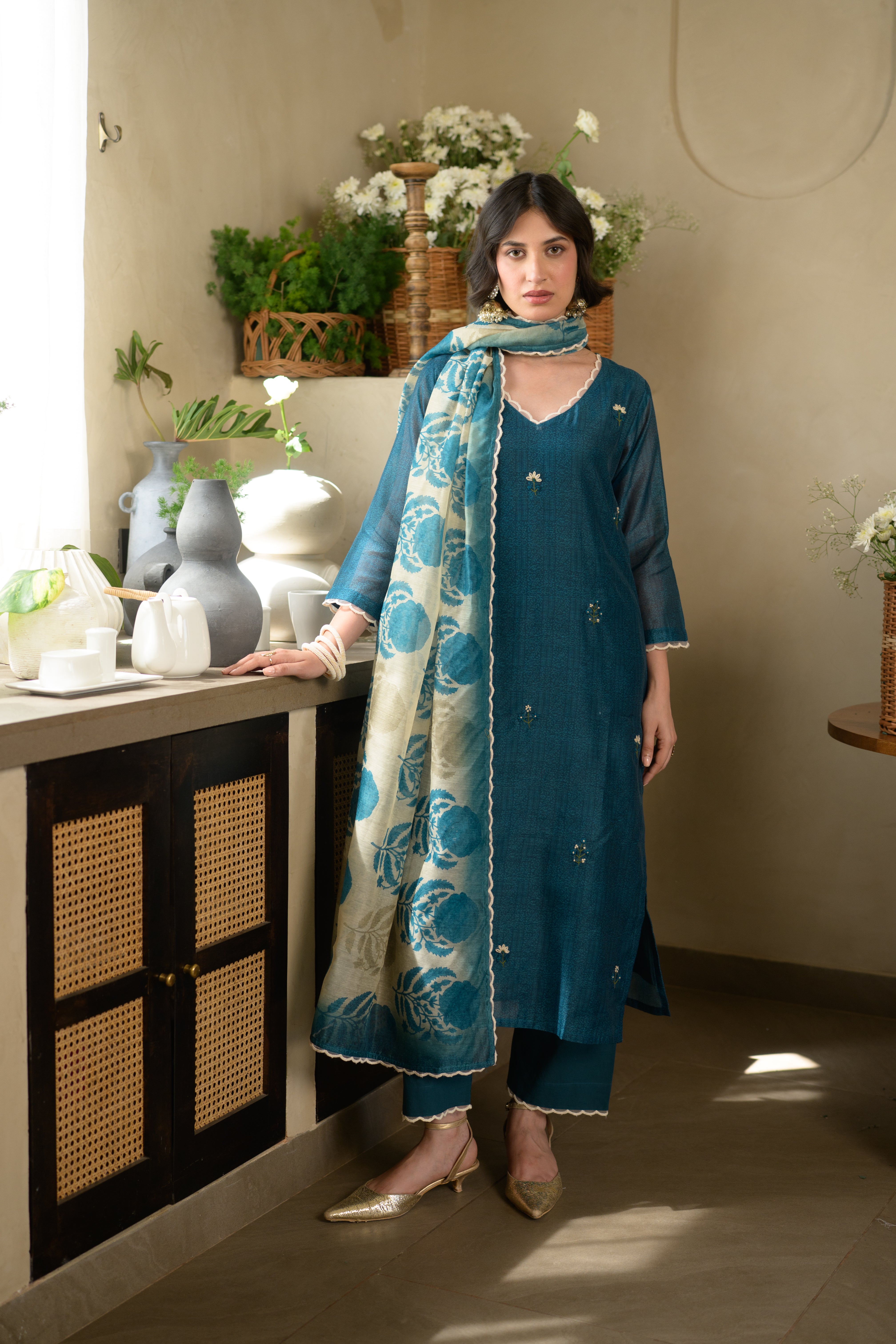 Teal Blue Thread Work Chanderi Suit with Organza Scallope Border and  Mughal Block print Dupatta