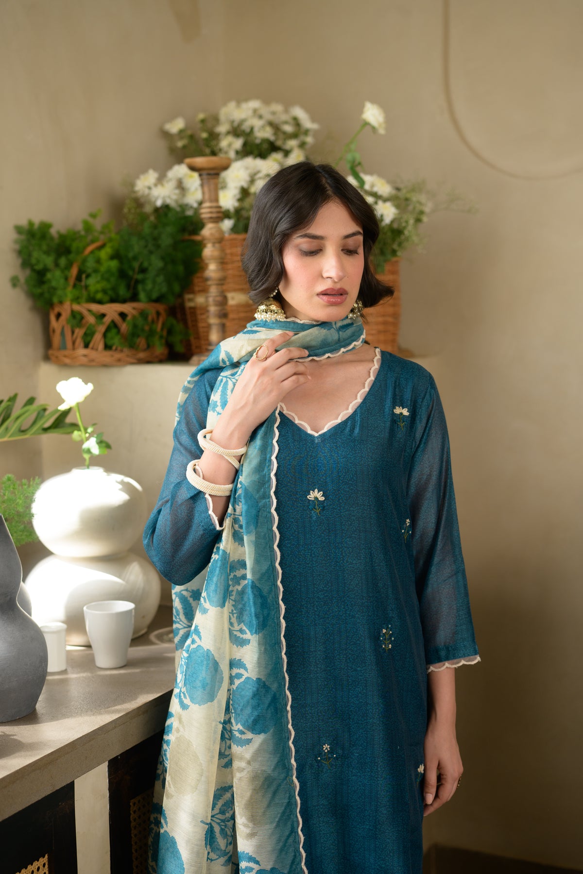 Teal Blue Thread Work Chanderi Suit with Organza Scallope Border and  Mughal Block print Dupatta