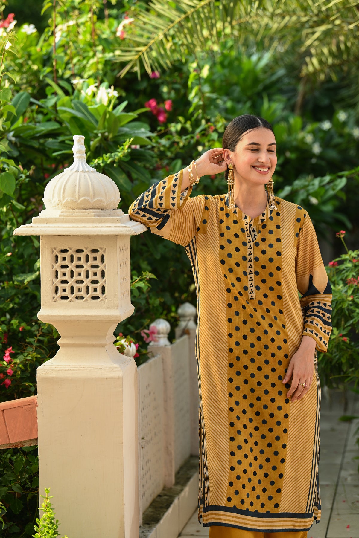 Mustard And Blue Polka Dot with Stripes and Block Print Muslin Kurta Set