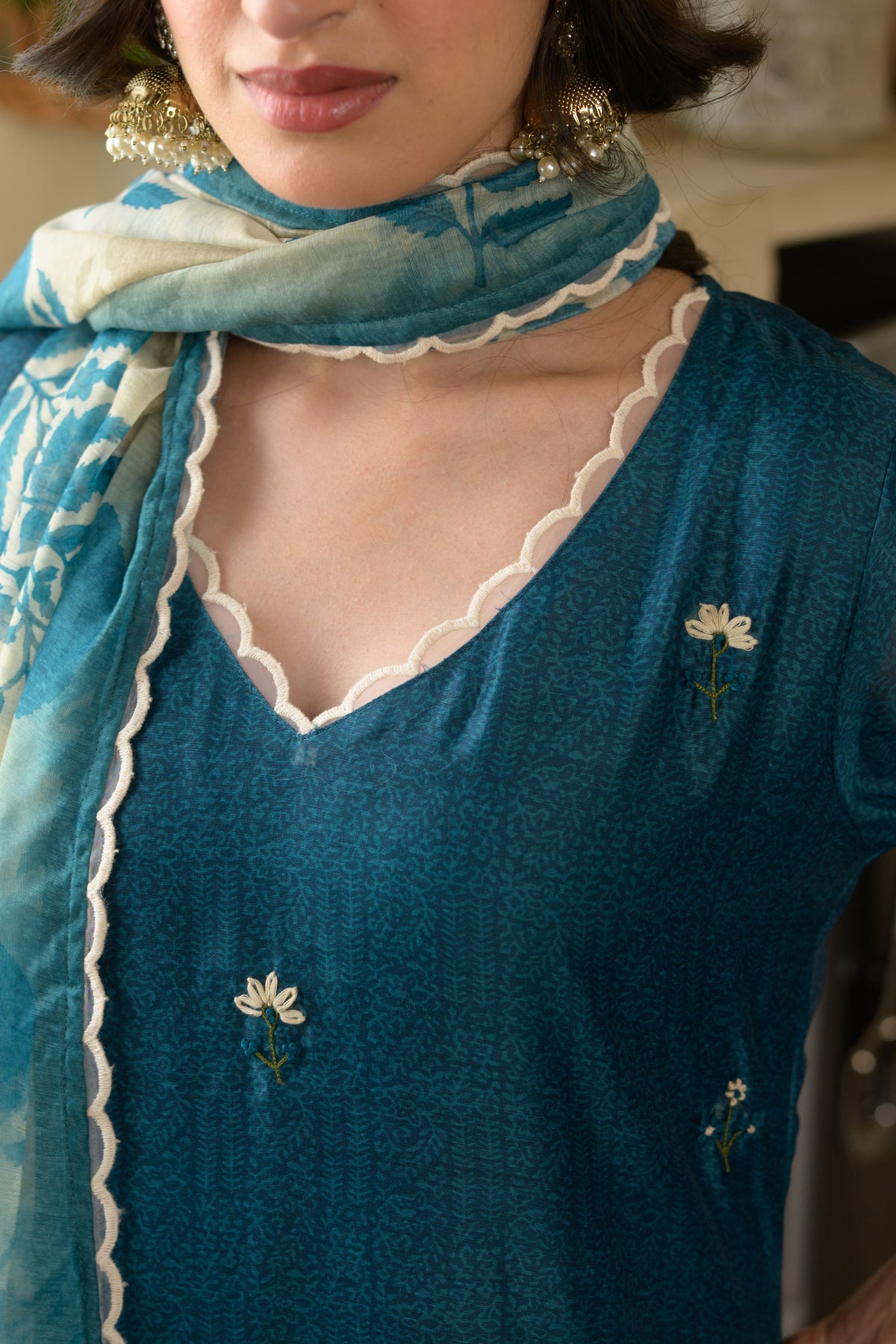 Teal Blue Thread Work Chanderi Suit with Organza Scallope Border and  Mughal Block print Dupatta