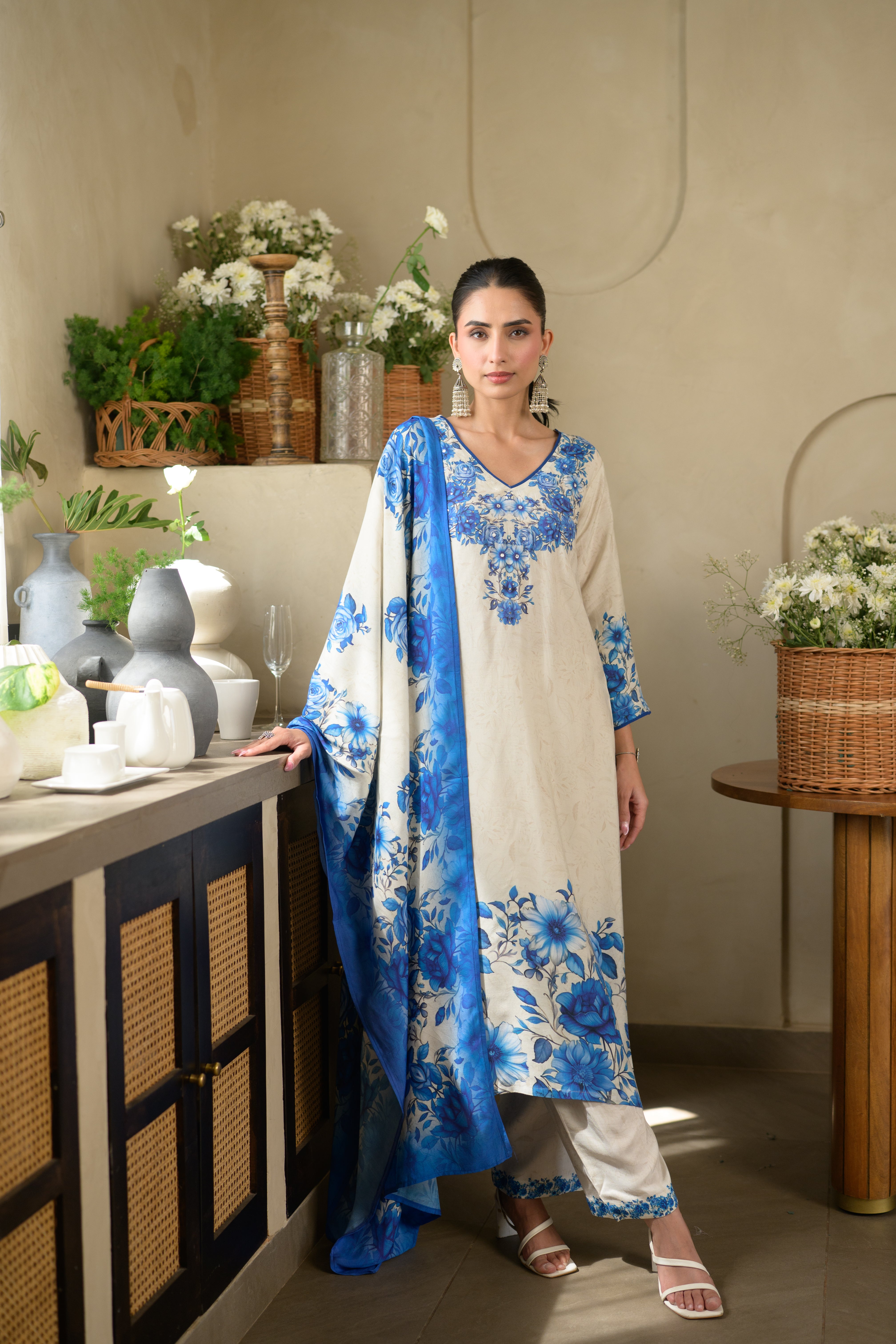 Blue and Off White Pushp Placement Print Muslin Suit set