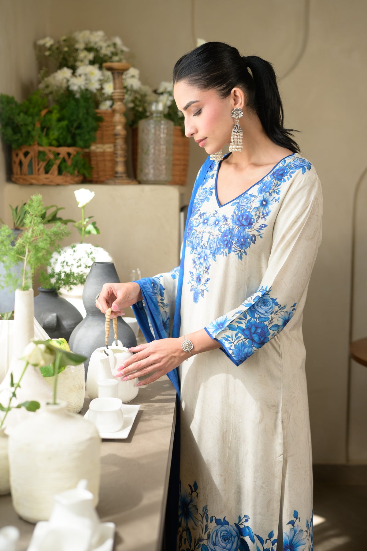 Blue and Off White Pushp Placement Print Muslin Suit set