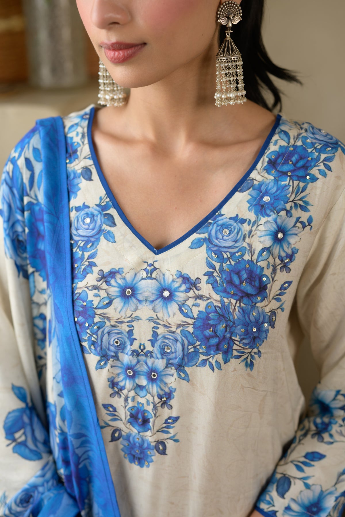 Blue and Off White Pushp Placement Print Muslin Suit set