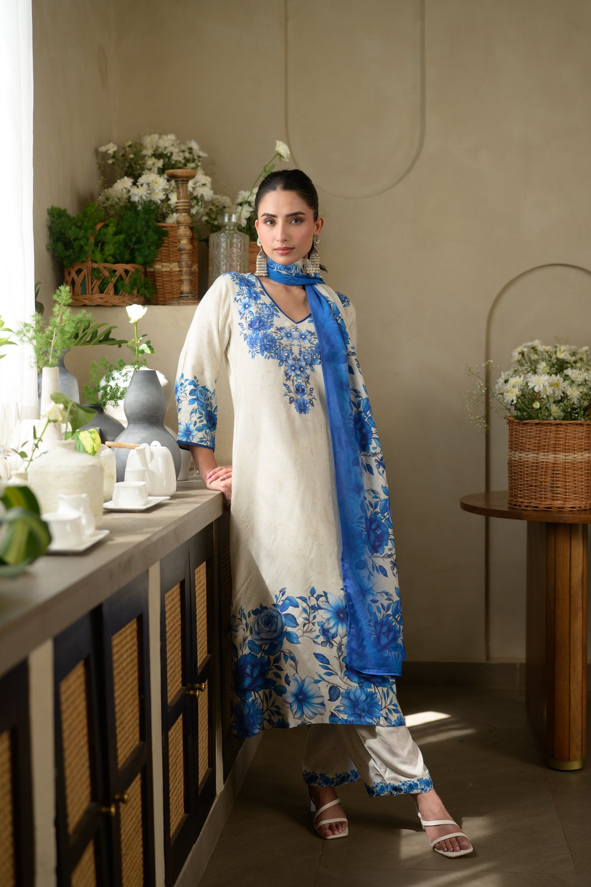 Blue and Off White Pushp Placement Print Muslin Suit set
