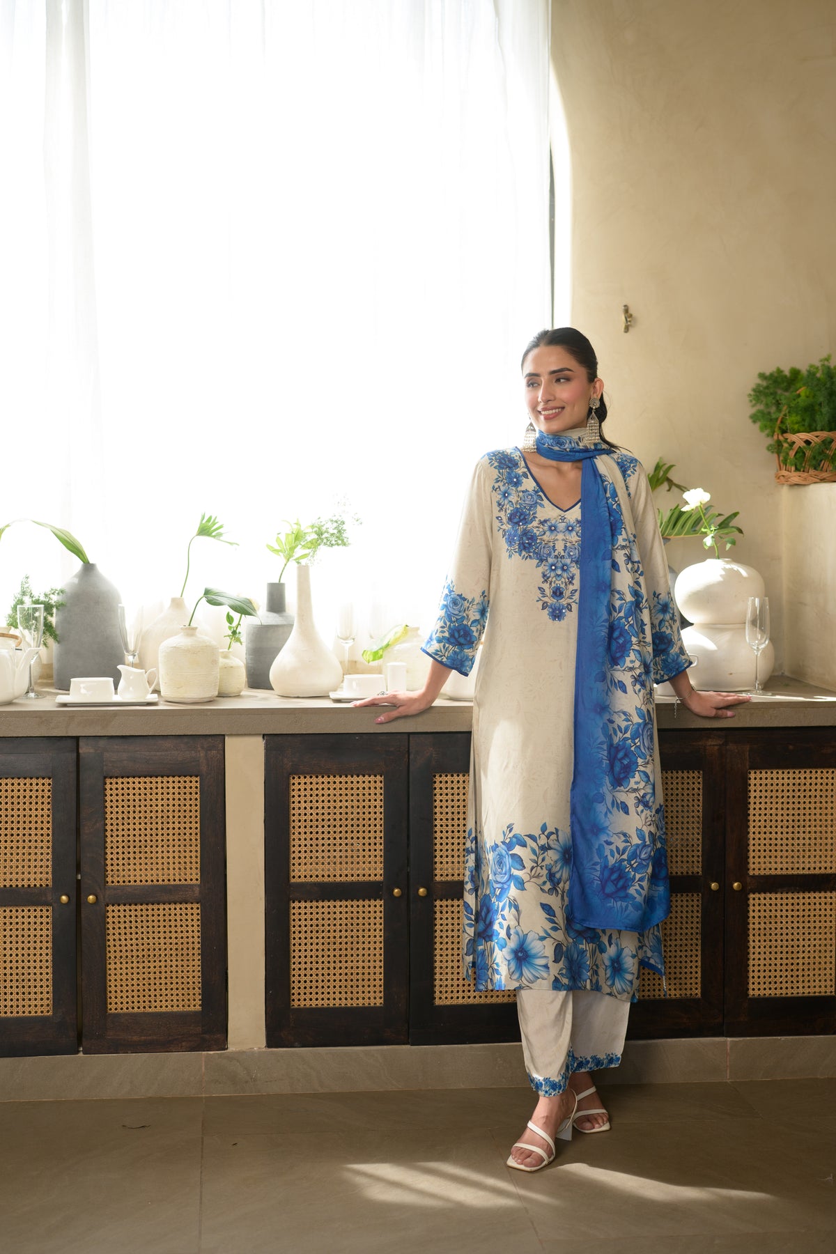 Blue and Off White Pushp Placement Print Muslin Suit set
