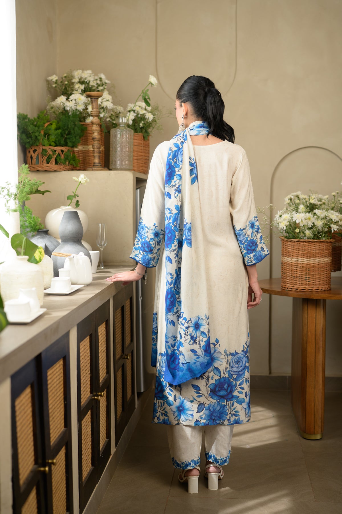 Blue and Off White Pushp Placement Print Muslin Suit set