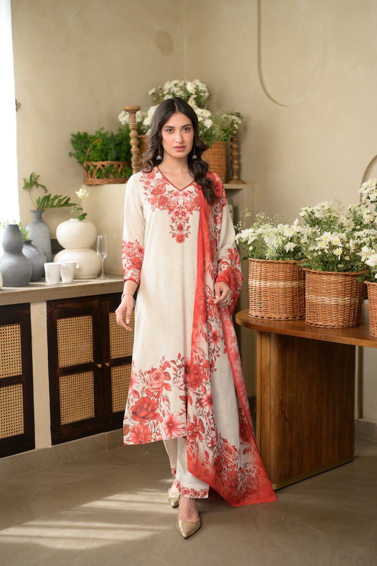Red and Off White Pushp Placement Print Muslin Suit set