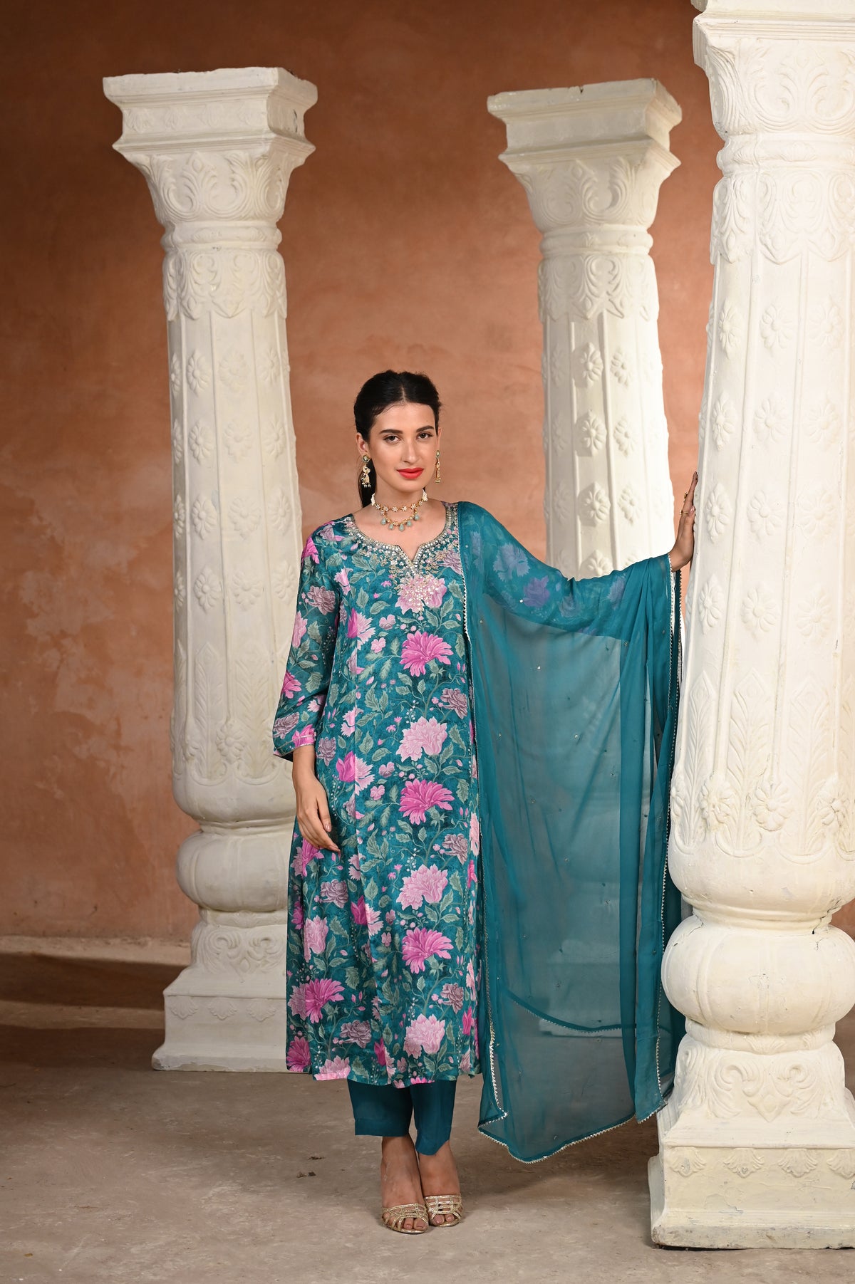 Tanvi Thakker in Mehtab Floral Rama Green with Gota work Suit Set
