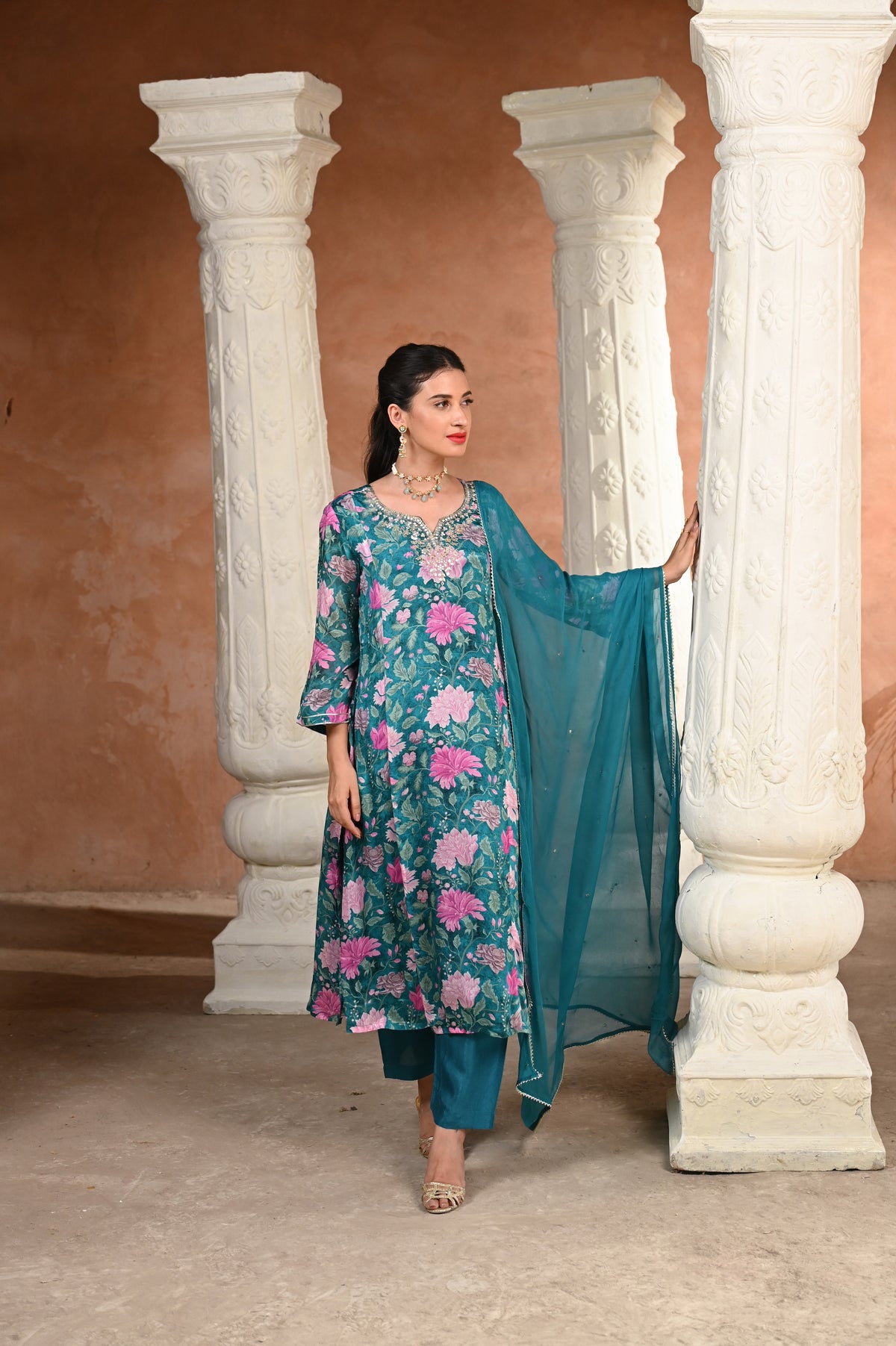 Tanvi Thakker in Mehtab Floral Rama Green with Gota work Suit Set