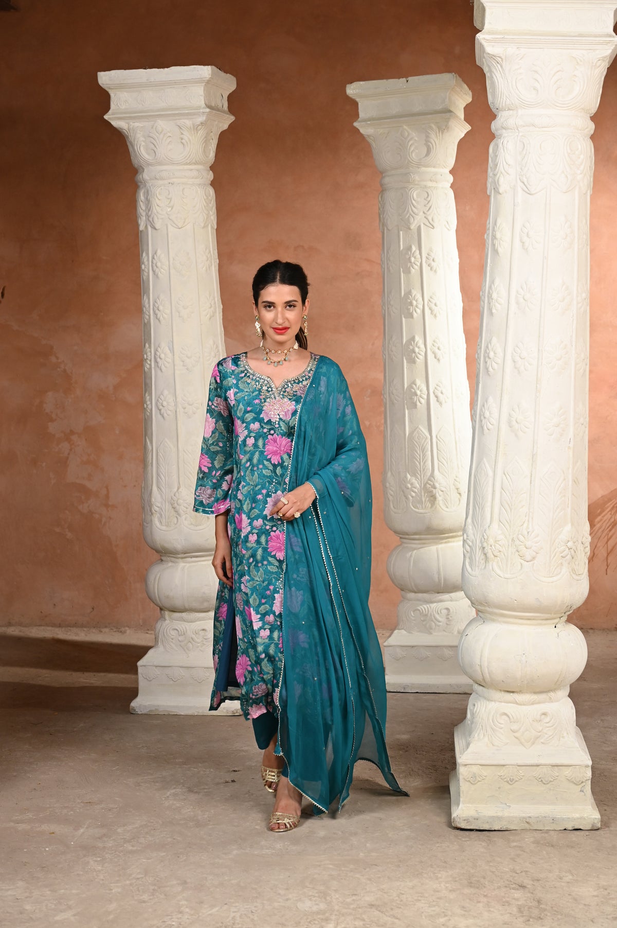 Tanvi Thakker in Mehtab Floral Rama Green with Gota work Suit Set
