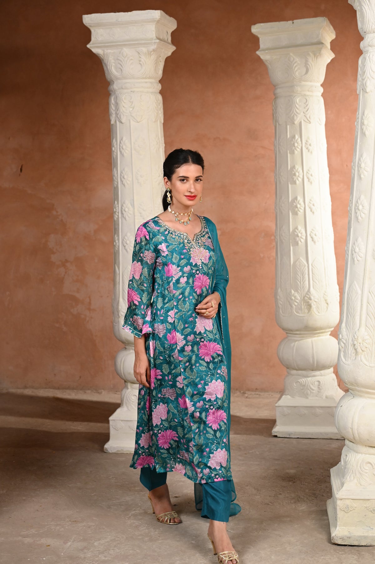 Tanvi Thakker in Mehtab Floral Rama Green with Gota work Suit Set